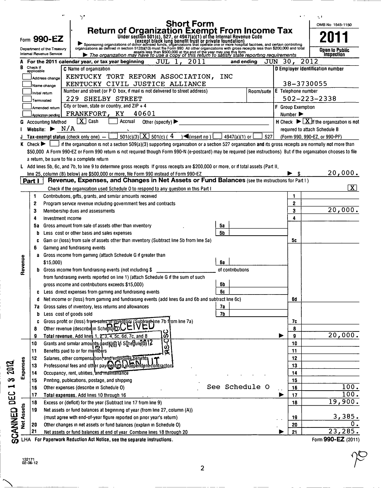 Image of first page of 2011 Form 990EO for Kentucky Tort Reform Association