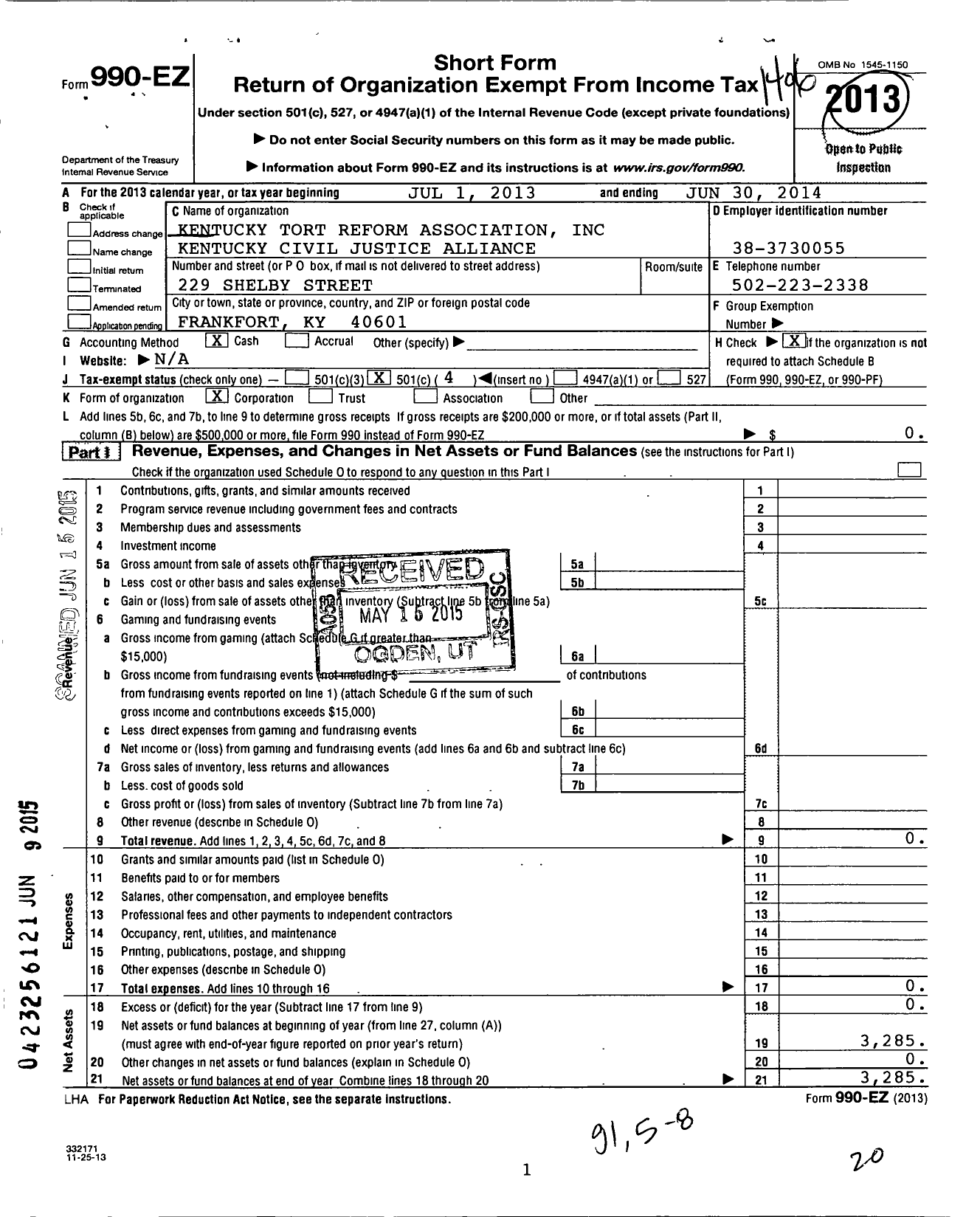 Image of first page of 2013 Form 990EO for Kentucky Tort Reform Association