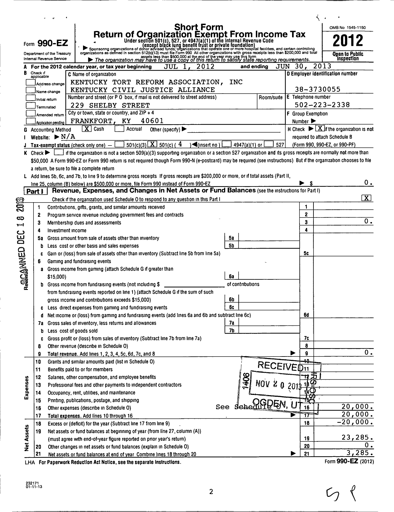 Image of first page of 2012 Form 990EO for Kentucky Tort Reform Association