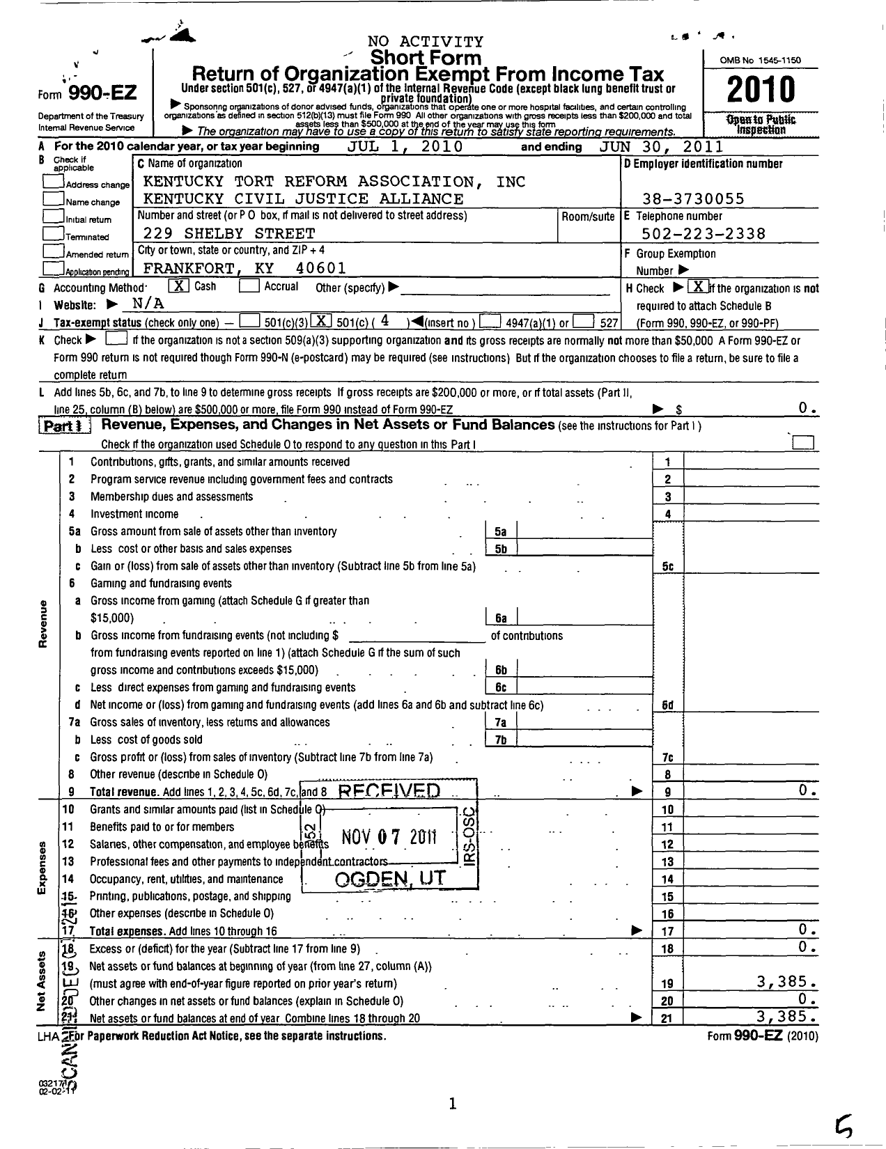 Image of first page of 2010 Form 990EO for Kentucky Tort Reform Association