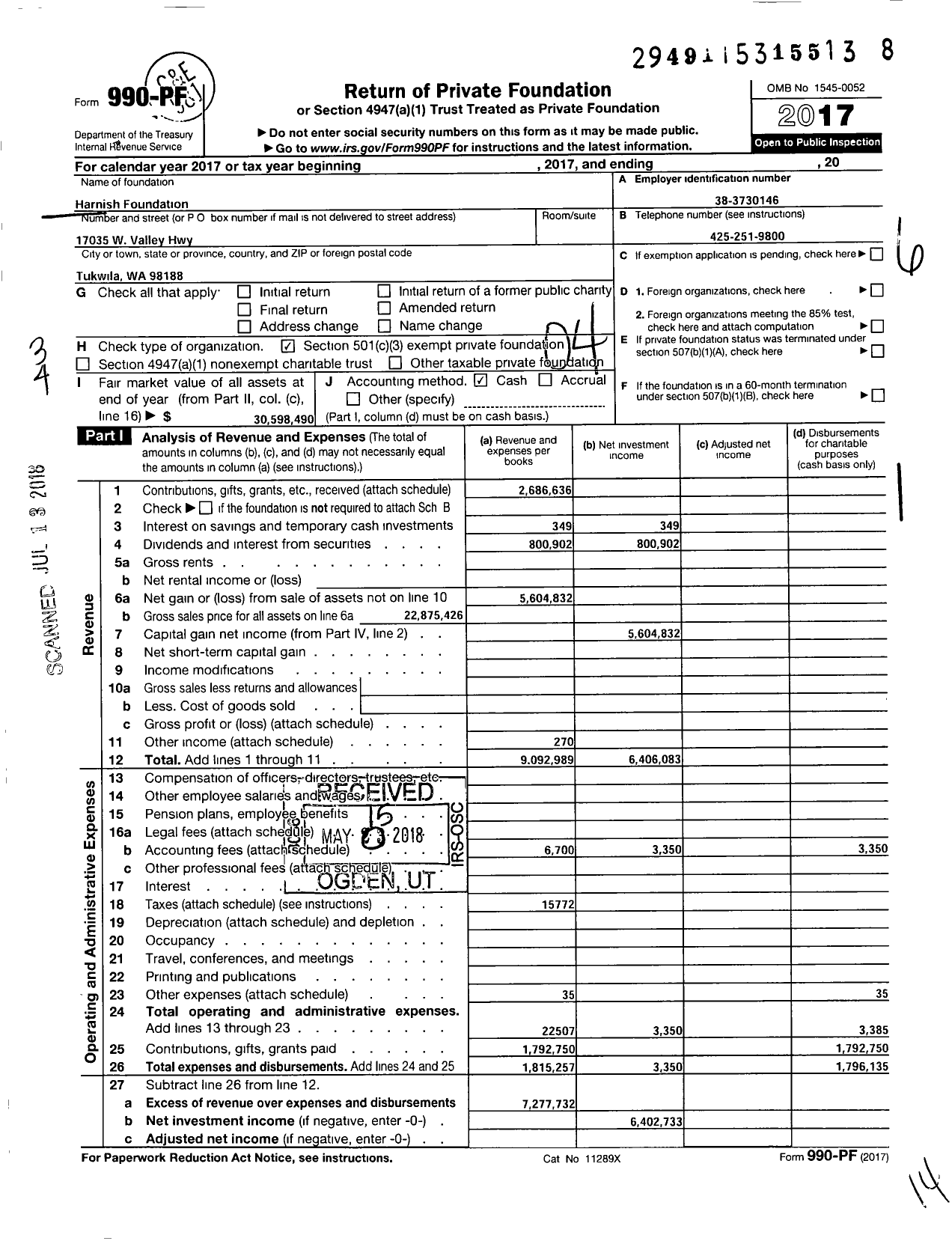 Image of first page of 2017 Form 990PF for Harnish Foundation
