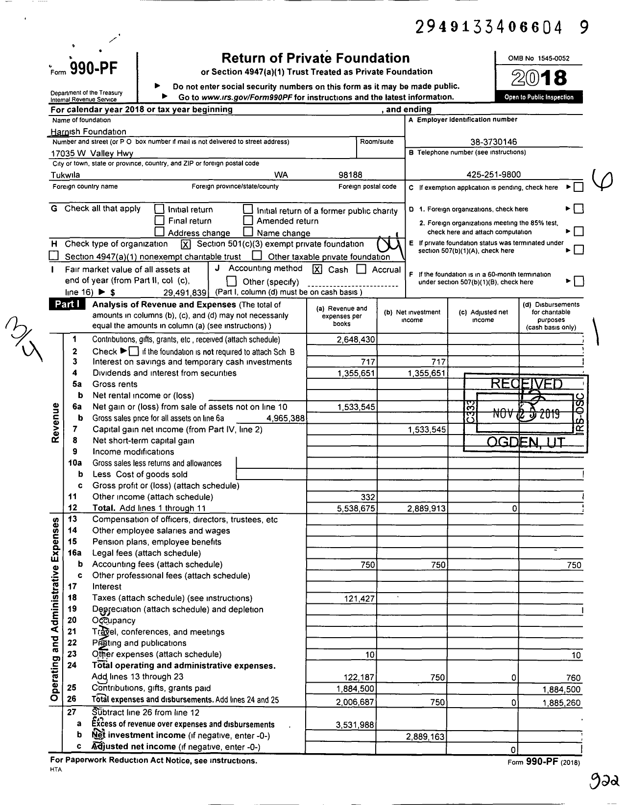 Image of first page of 2018 Form 990PF for Harnish Foundation