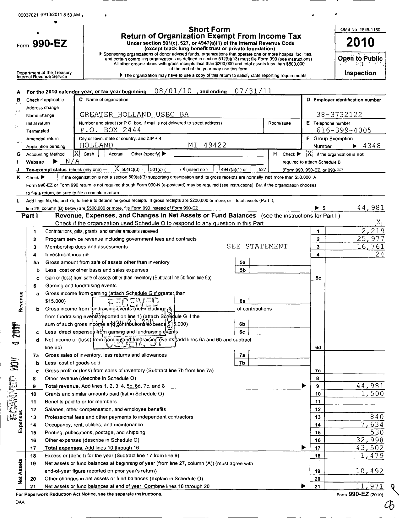 Image of first page of 2010 Form 990EZ for United States Bowling Congress - 86388 GR Holland Usbc