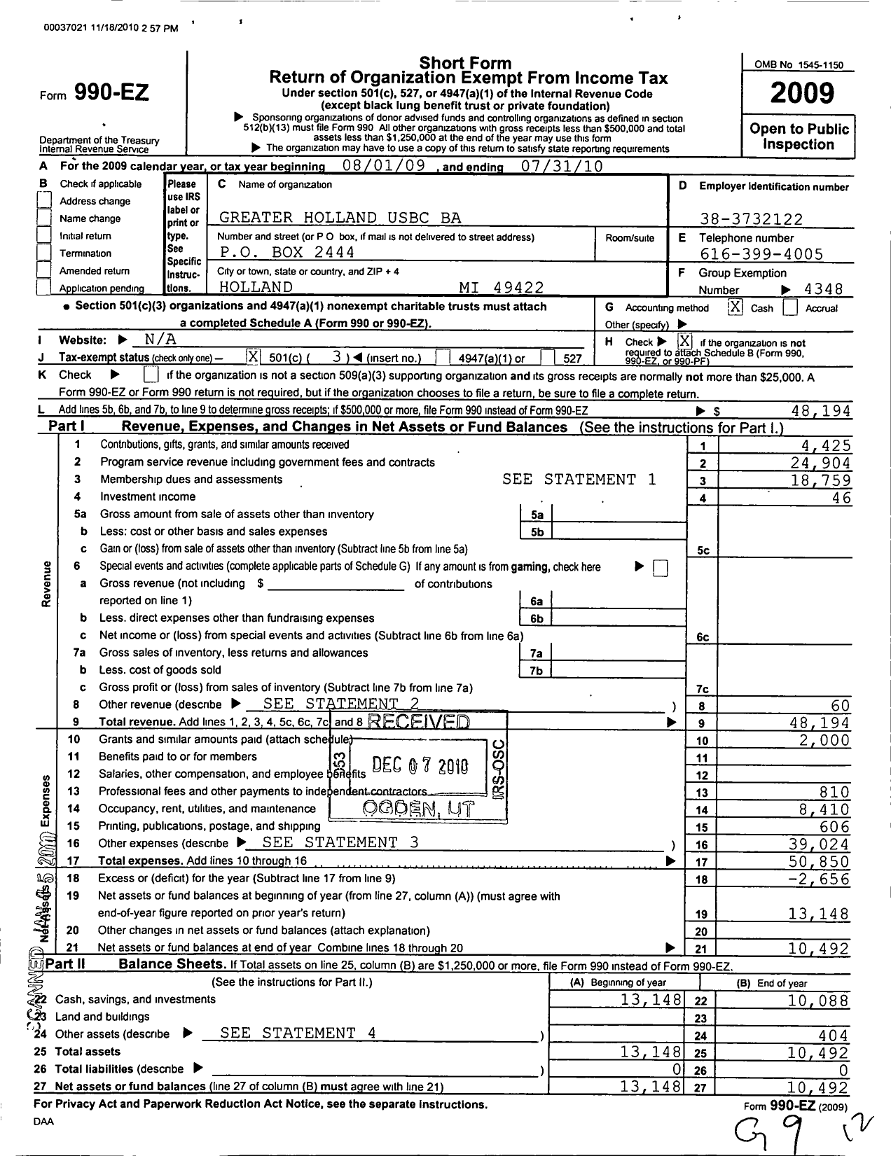 Image of first page of 2009 Form 990EZ for United States Bowling Congress - 86388 GR Holland Usbc