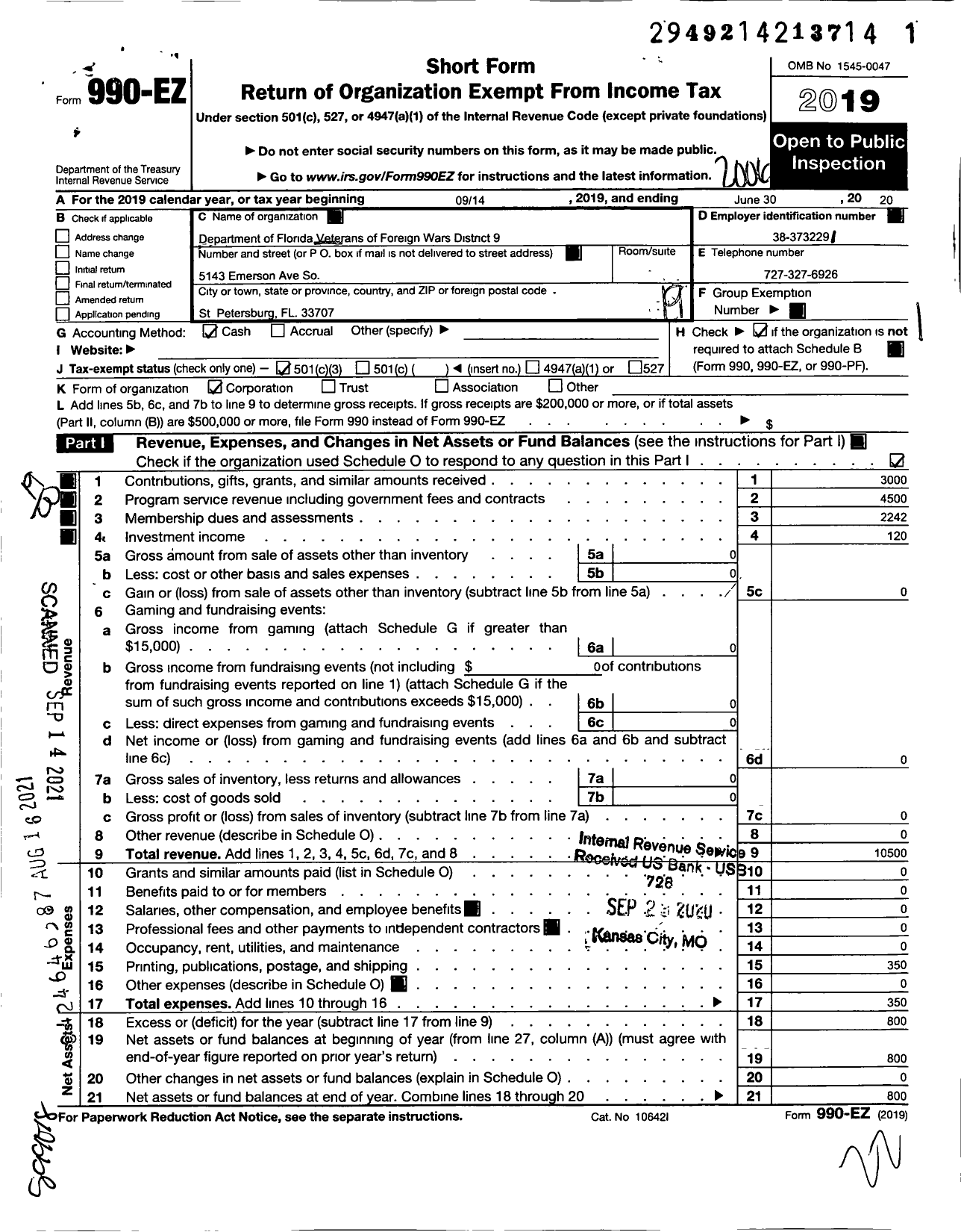 Image of first page of 2019 Form 990EO for VFW Department of Florida - District 9