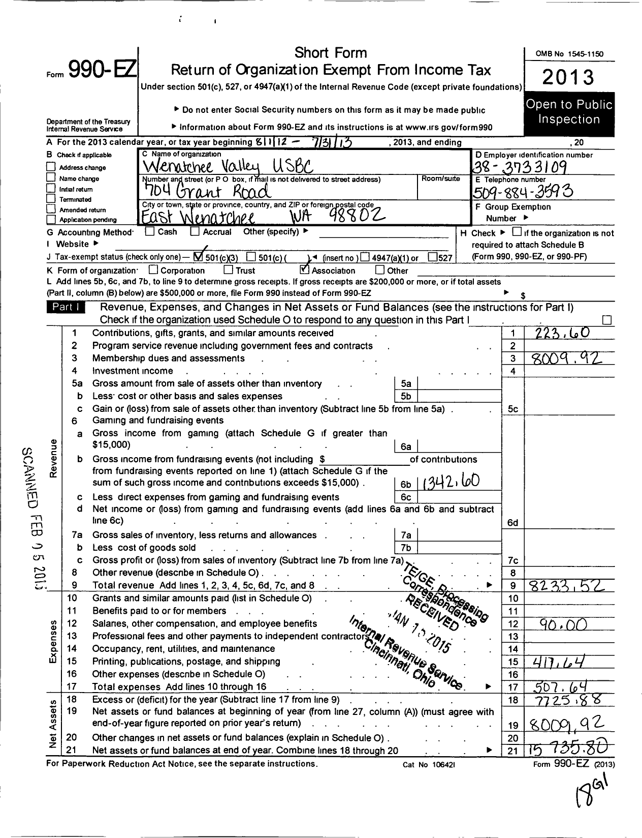 Image of first page of 2012 Form 990EZ for United States Bowling Congress - 80276 Wenatchee Valley Usbc