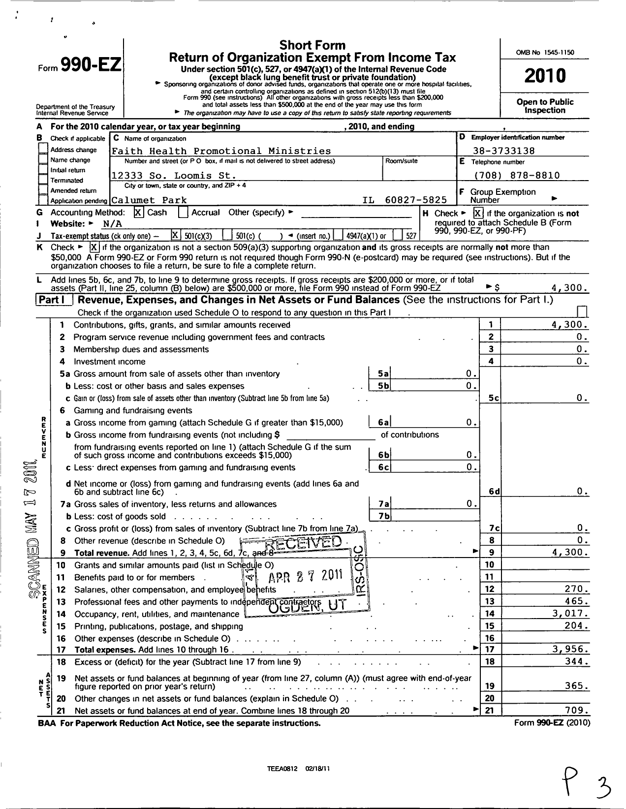 Image of first page of 2010 Form 990EZ for St Peters Faith Health Covenant Calumet City Il