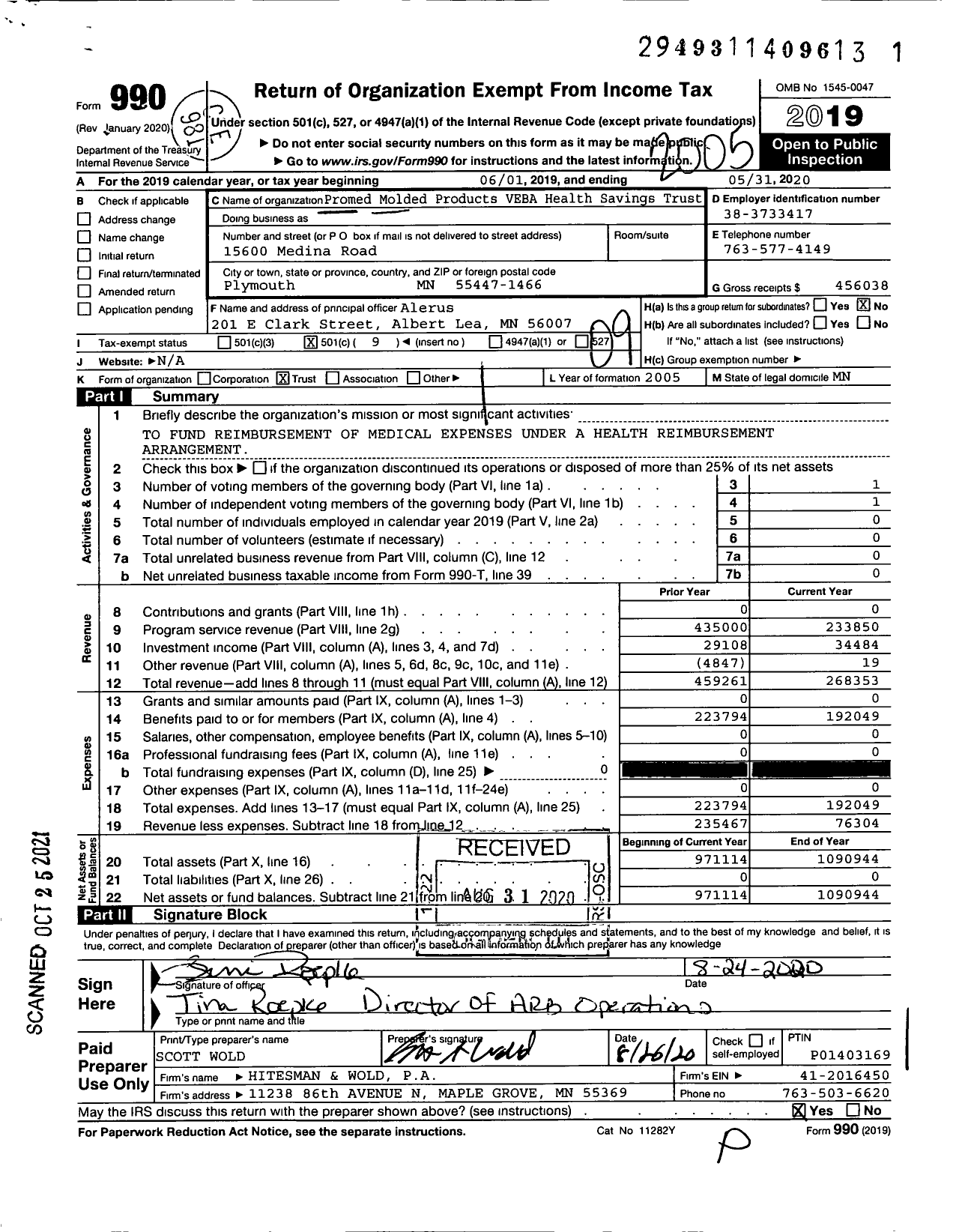 Image of first page of 2019 Form 990O for Promed Molded Products Veba Health Savings Account