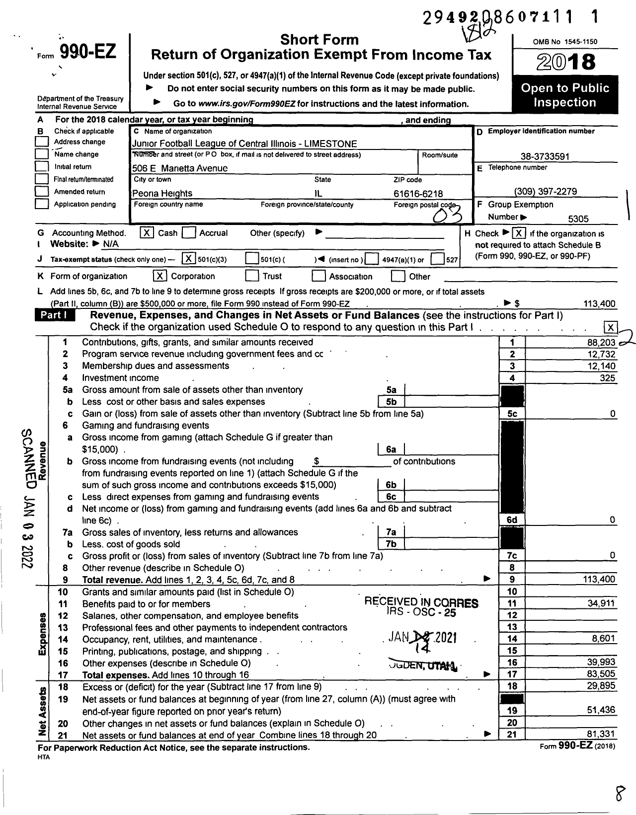 Image of first page of 2018 Form 990EZ for Limestone JFL (Limestone)