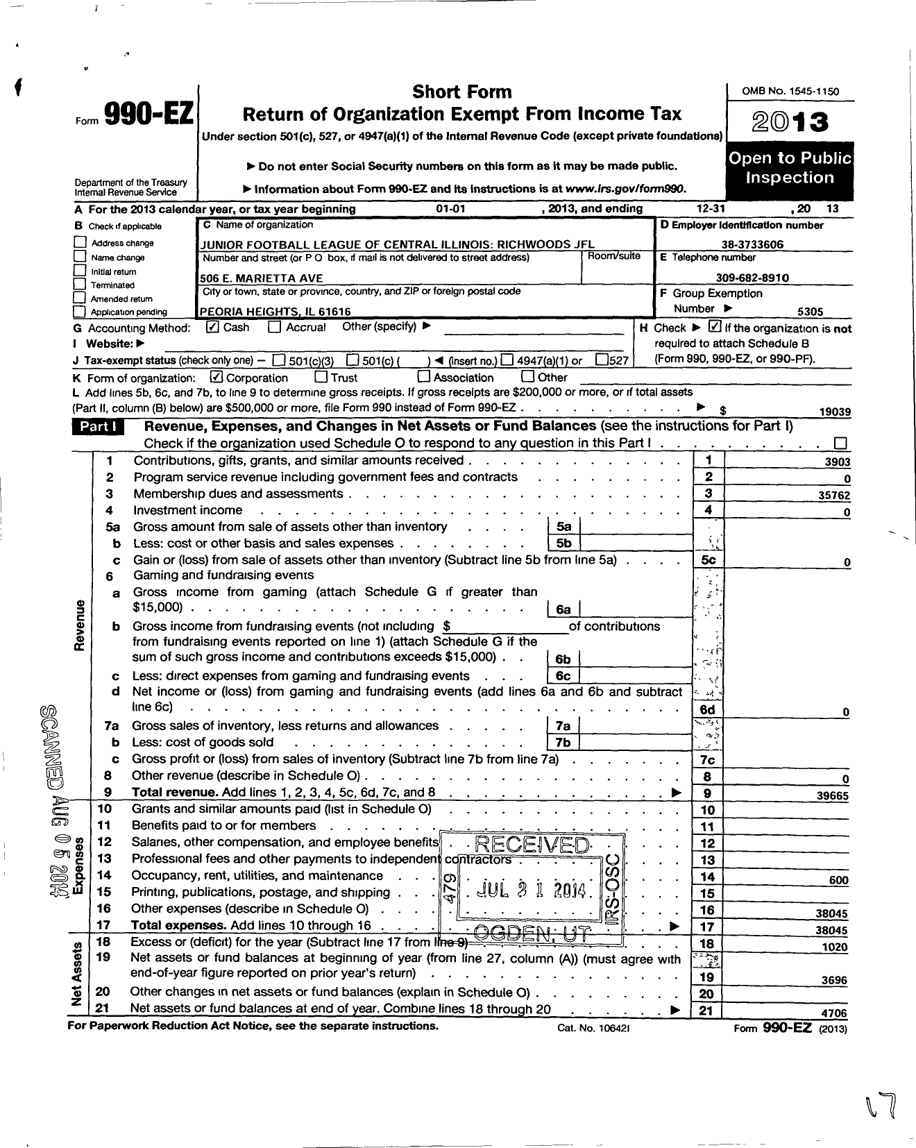 Image of first page of 2013 Form 990EO for Richwoods JFL