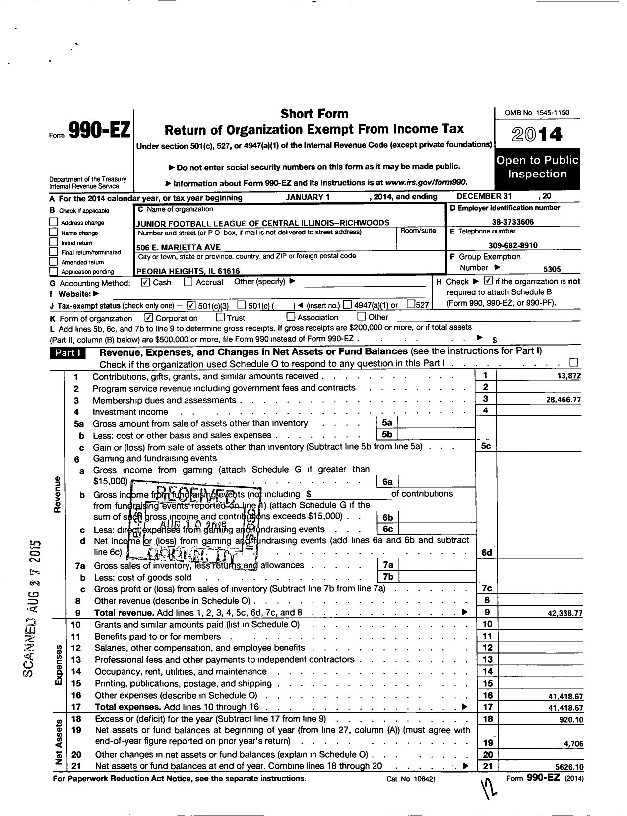 Image of first page of 2014 Form 990EZ for Richwoods JFL