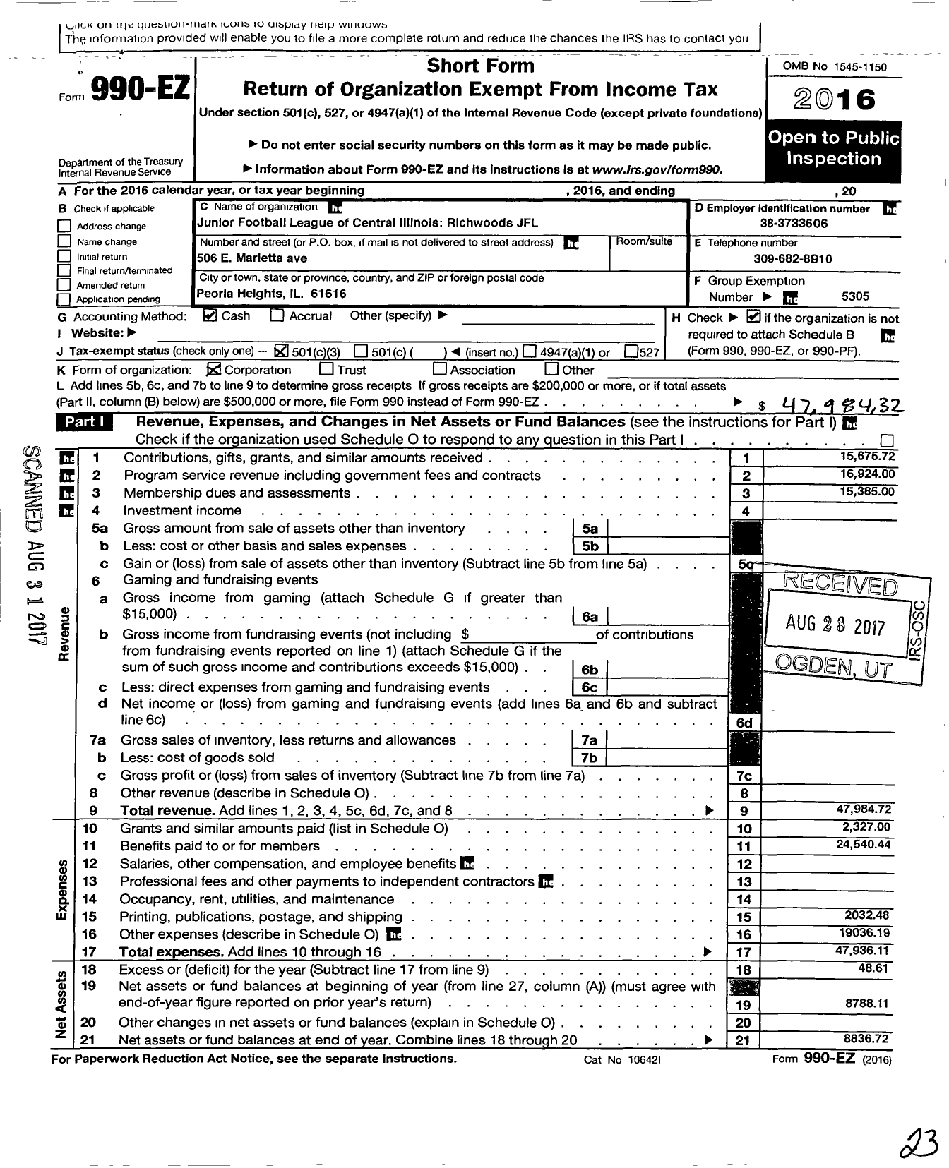 Image of first page of 2016 Form 990EZ for Richwoods JFL