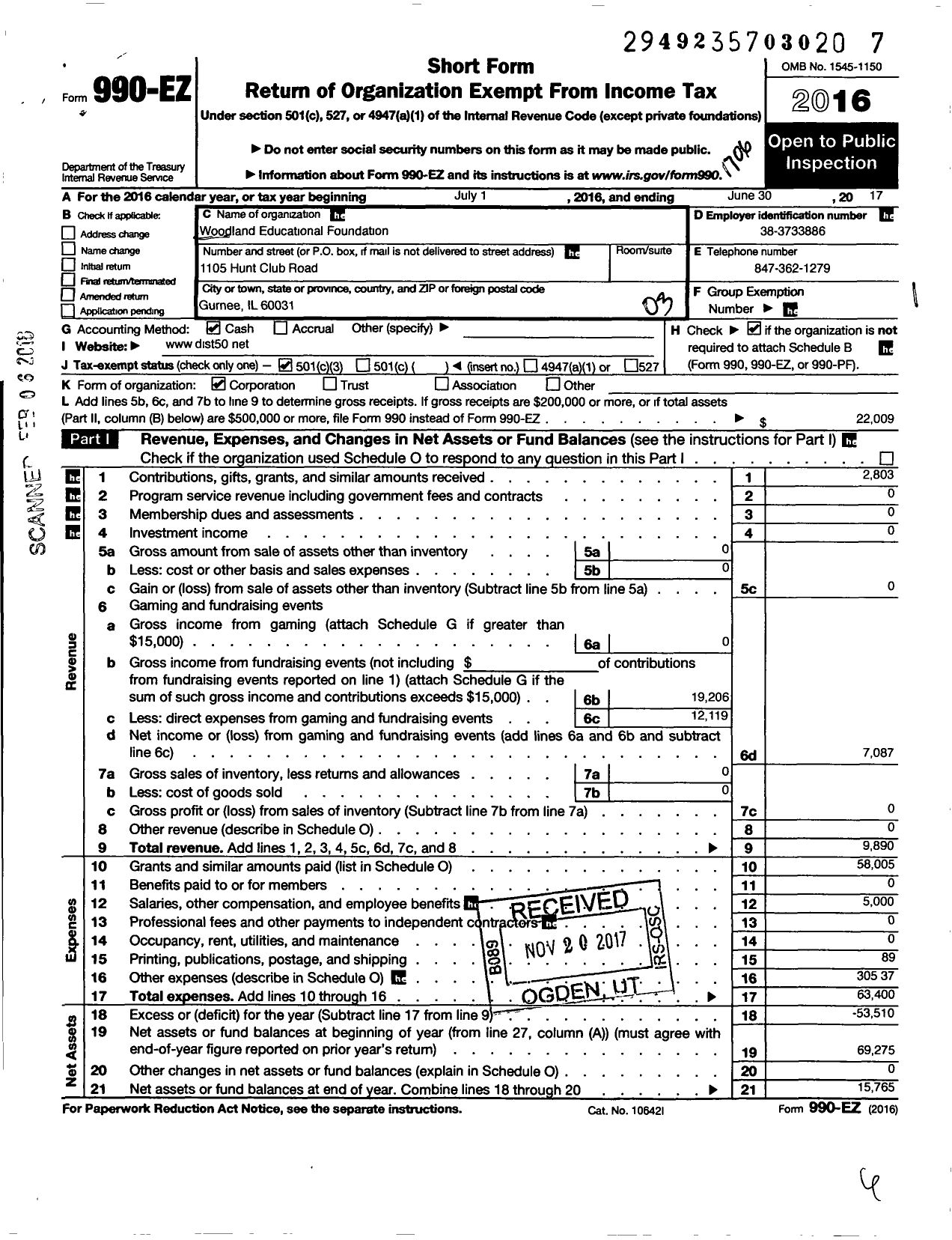 Image of first page of 2016 Form 990EZ for Woodland Educational Foundation