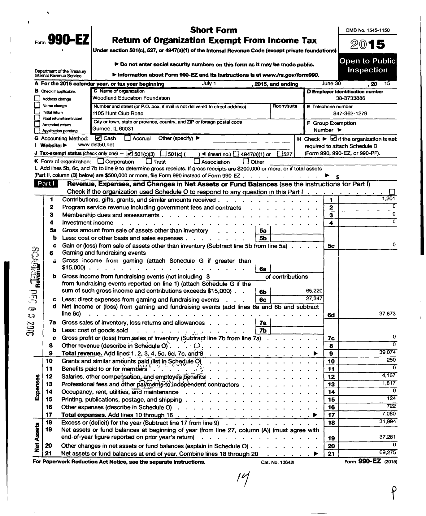 Image of first page of 2014 Form 990EZ for Woodland Educational Foundation