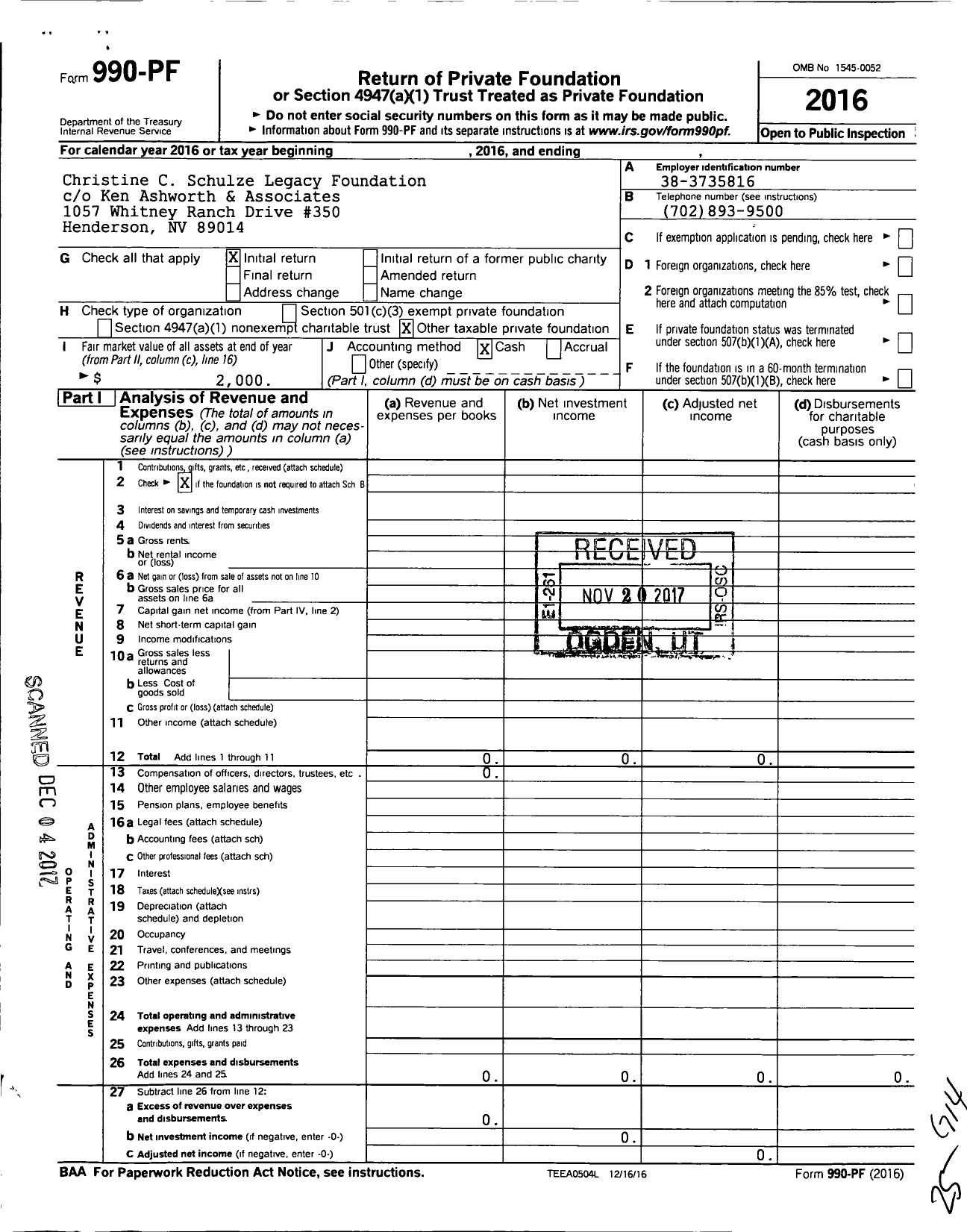 Image of first page of 2016 Form 990PF for Christine C Schulze Legacy Foundation