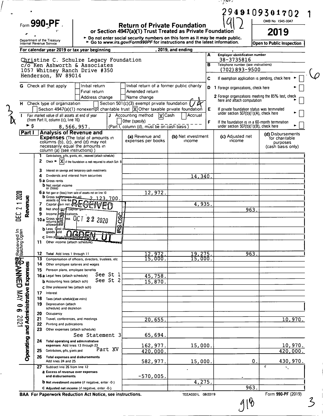 Image of first page of 2019 Form 990PF for Christine C Schulze Legacy Foundation