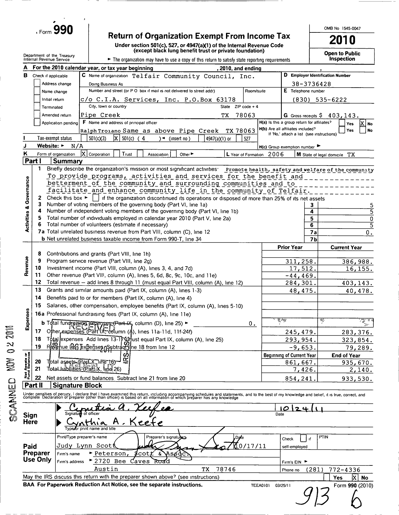 Image of first page of 2010 Form 990O for Telfair Community Council