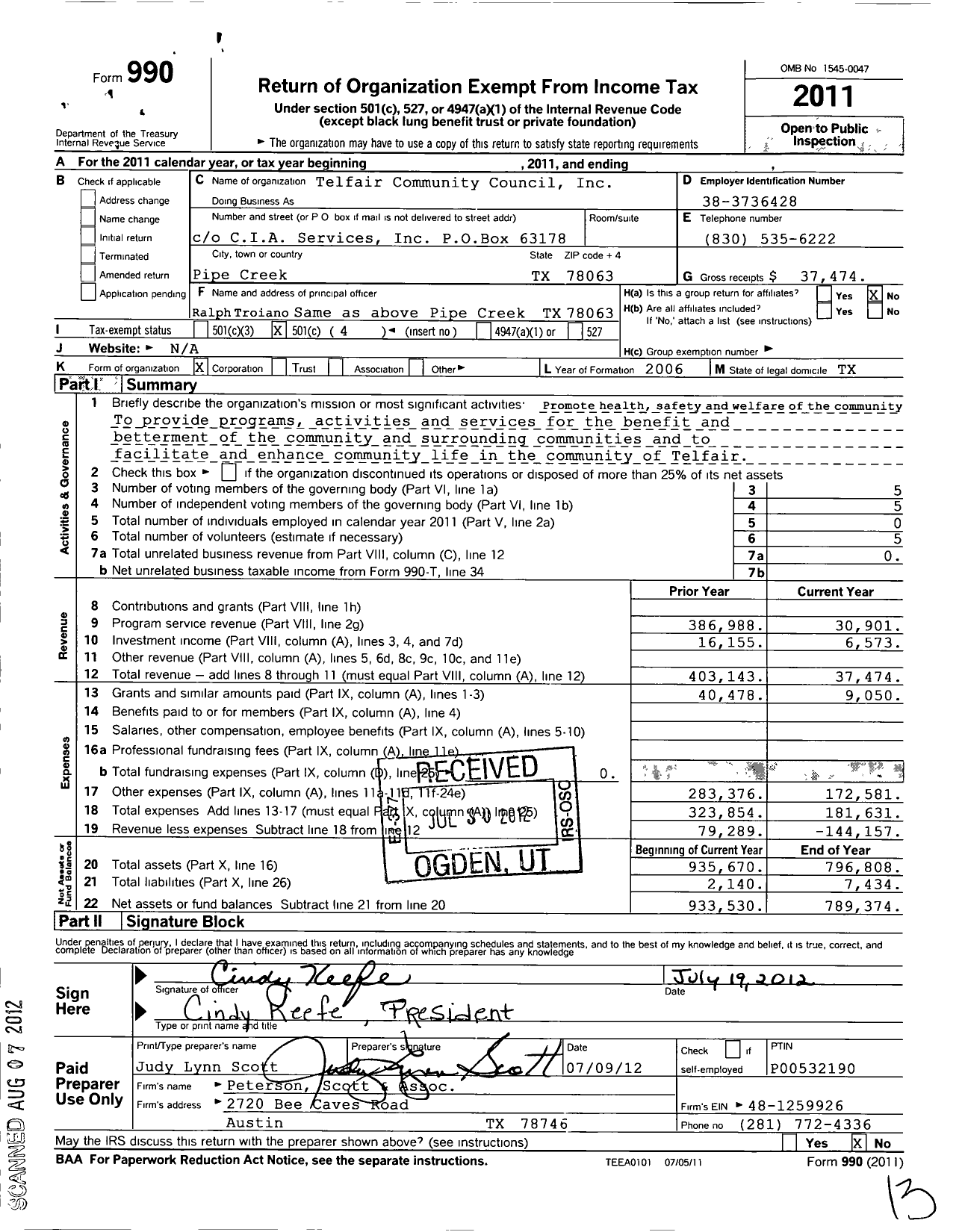 Image of first page of 2011 Form 990O for Telfair Community Council