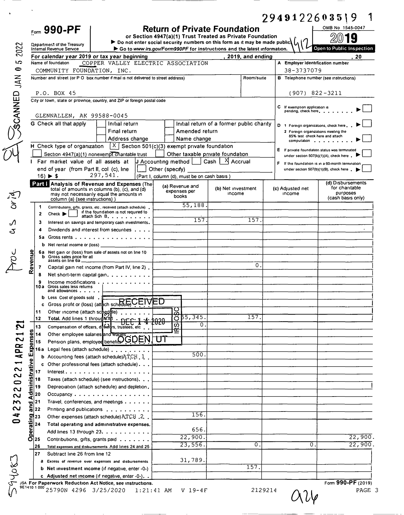 Image of first page of 2019 Form 990PF for Copper Valley Electric Association Community Foundation