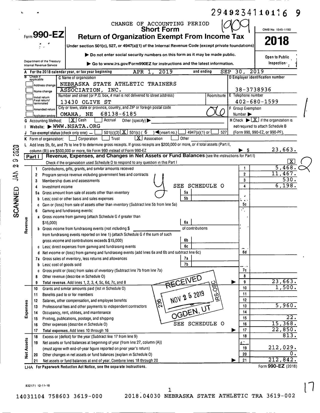 Image of first page of 2018 Form 990EO for Nebraska State Athletic Trainers Association