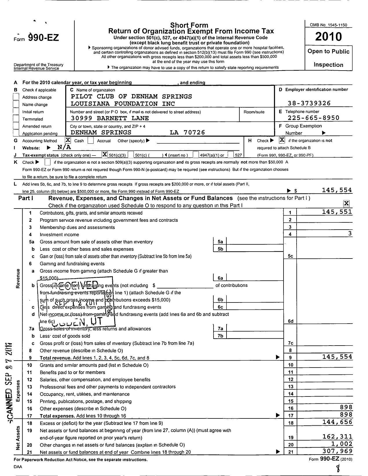 Image of first page of 2010 Form 990EZ for Pilot Club of Denham Springs Louisiana Foundation