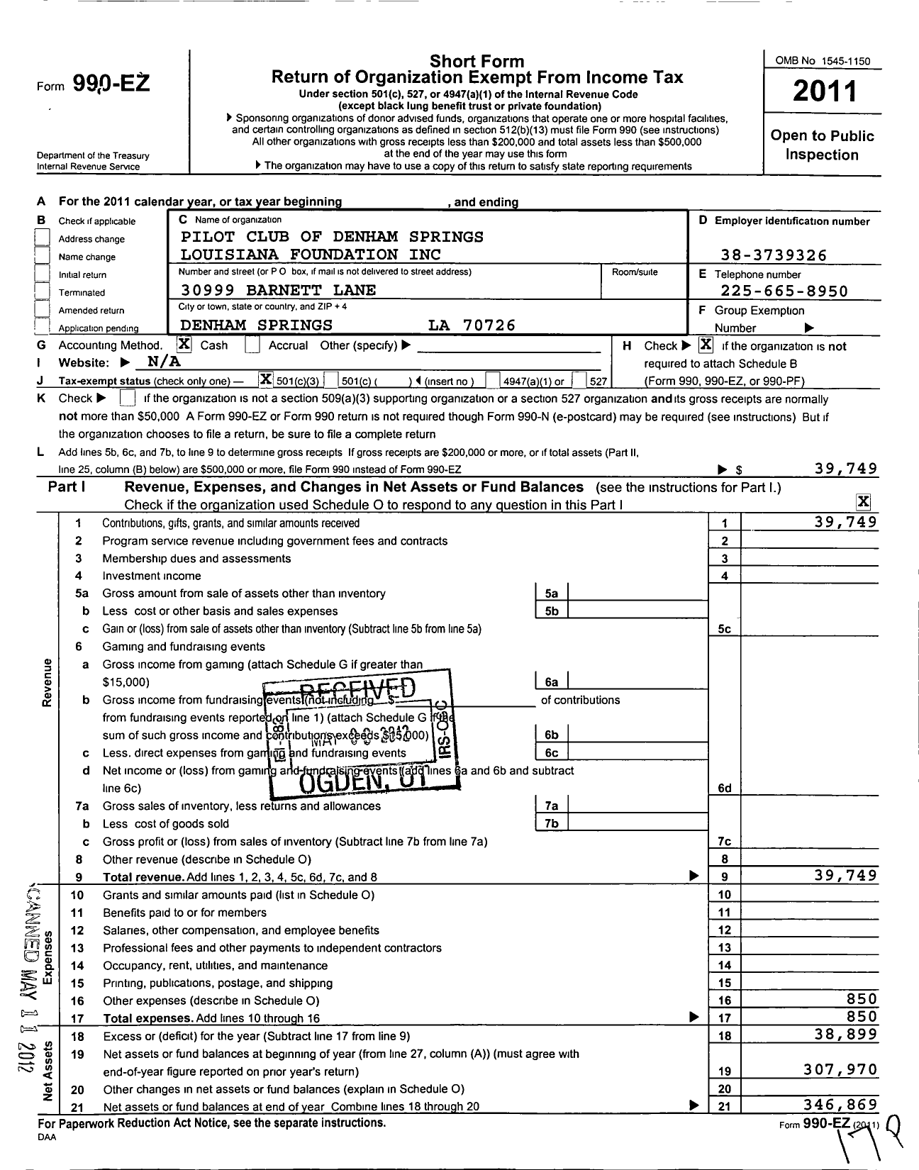 Image of first page of 2011 Form 990EZ for Pilot Club of Denham Springs Louisiana Foundation