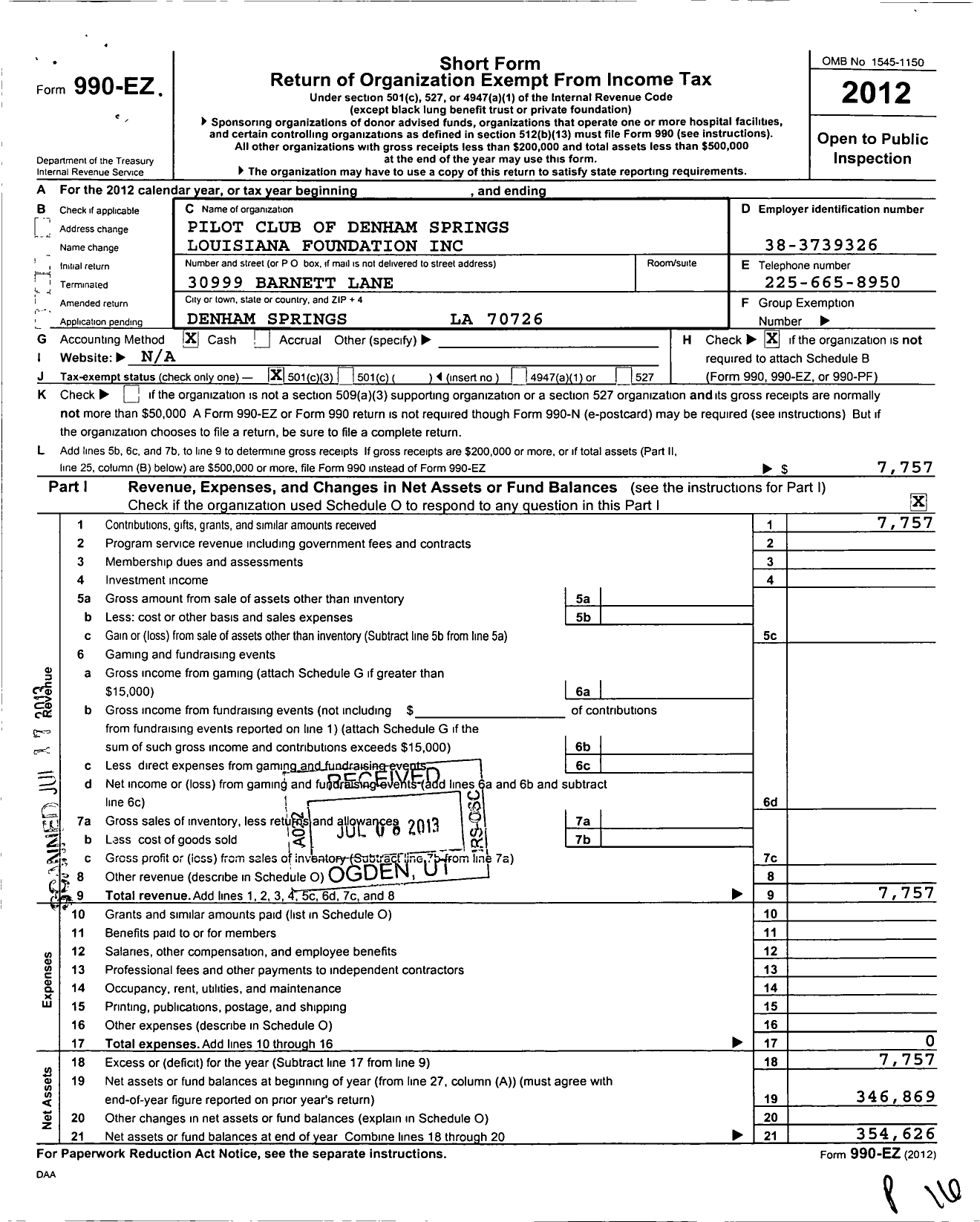 Image of first page of 2012 Form 990EZ for Pilot Club of Denham Springs Louisiana Foundation