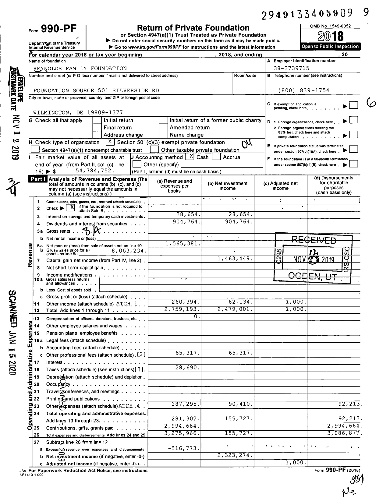 Image of first page of 2018 Form 990PF for Reynolds Family Foundation