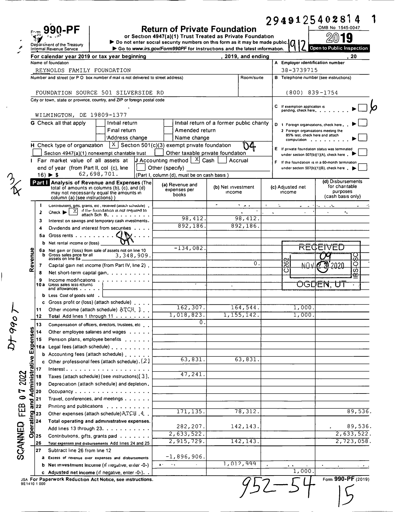 Image of first page of 2019 Form 990PF for Reynolds Family Foundation