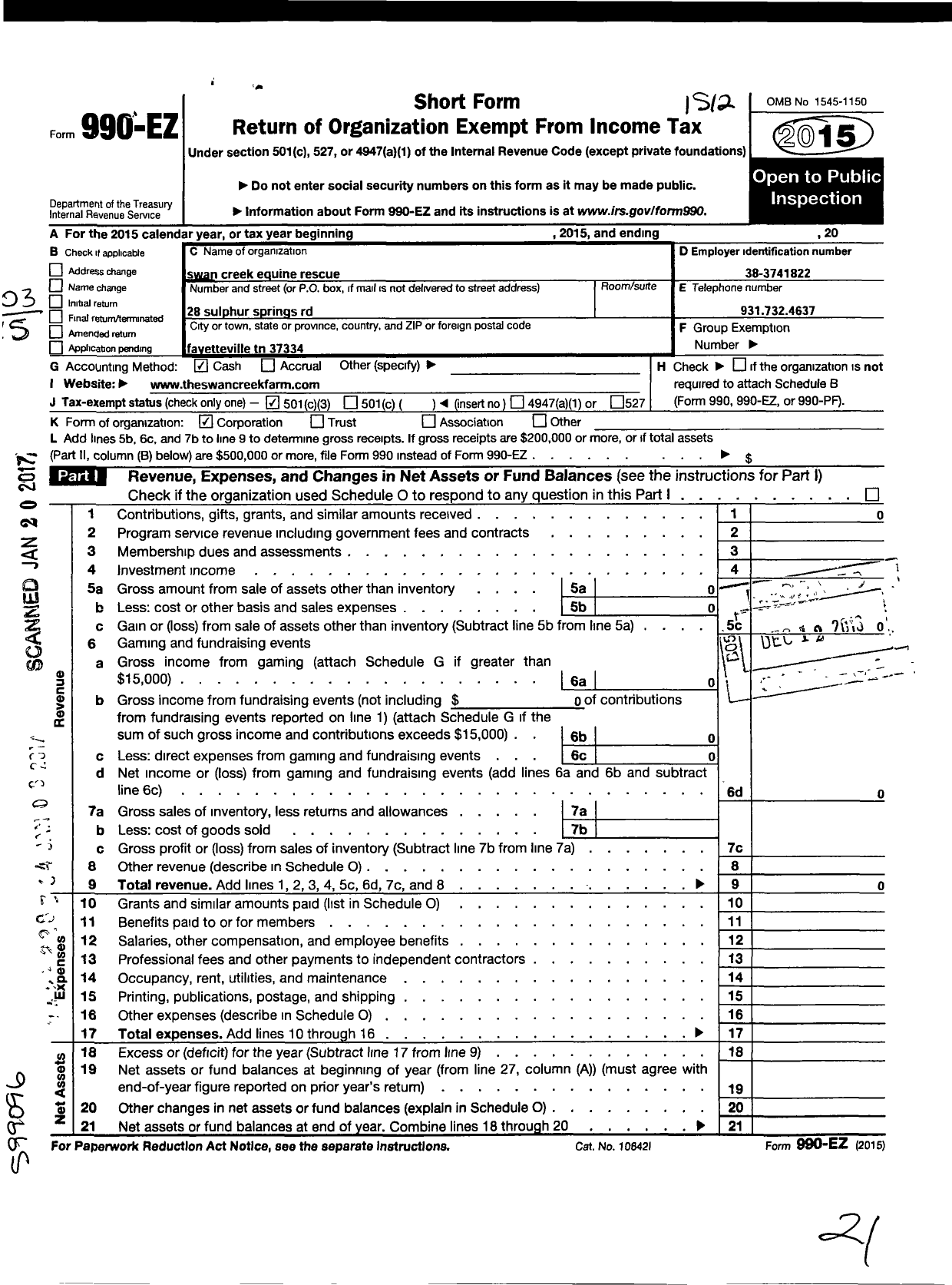 Image of first page of 2015 Form 990EZ for Swan Creek Equine Rescue