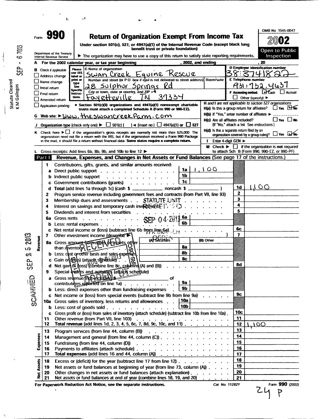 Image of first page of 2002 Form 990O for Swan Creek Equine Rescue