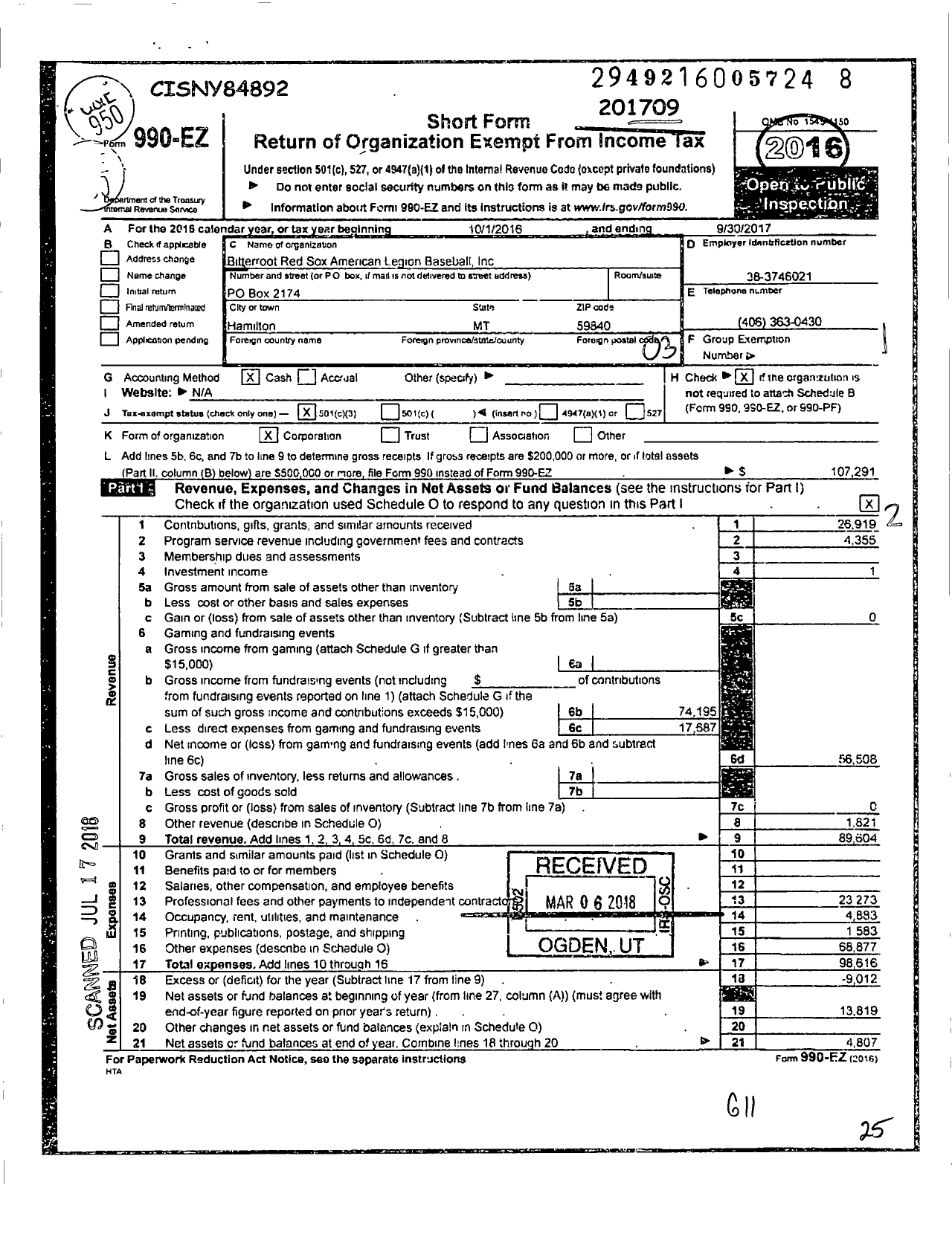 Image of first page of 2016 Form 990EZ for Bitterroot Red Sox American Legion Baseball