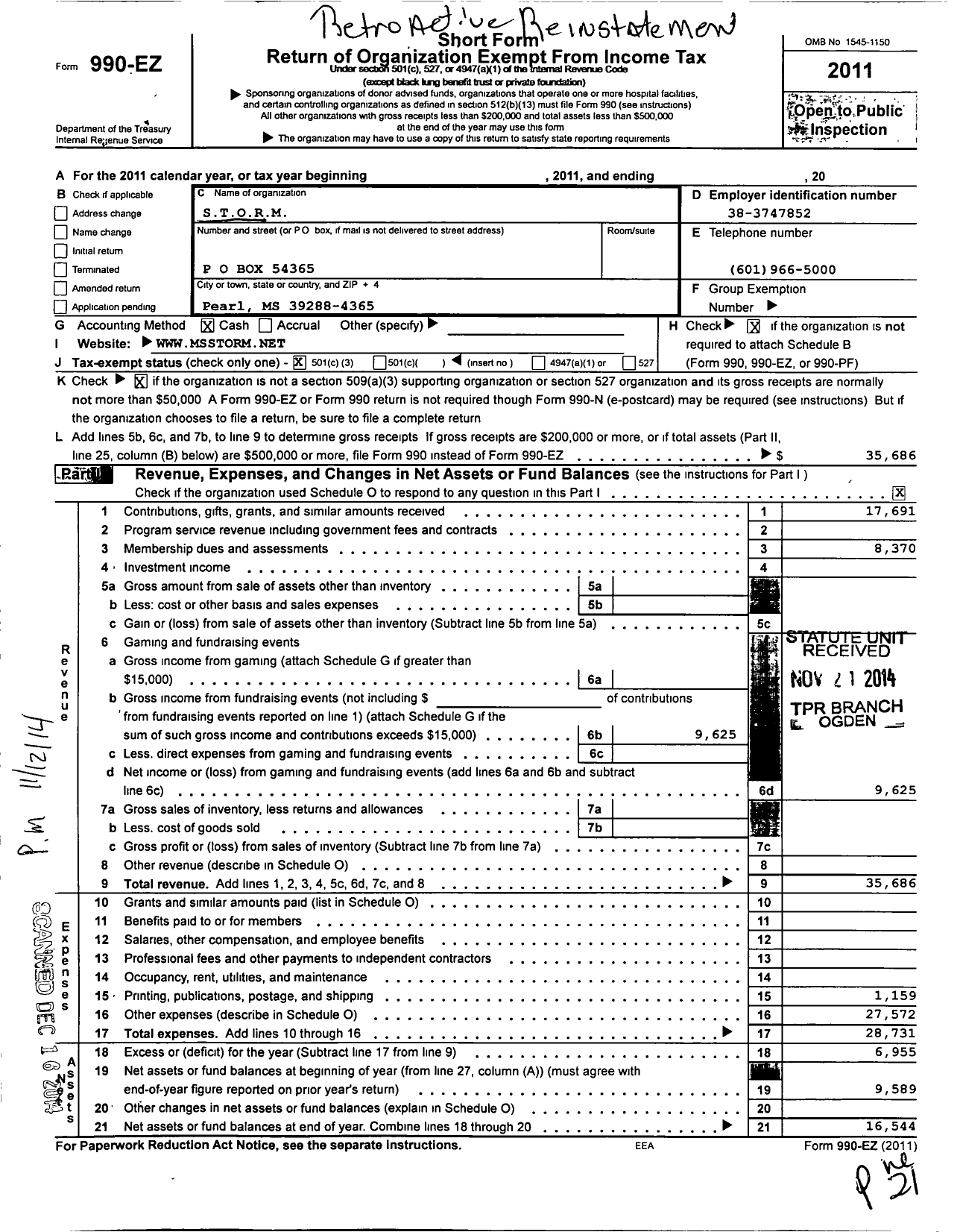 Image of first page of 2011 Form 990EZ for Storm