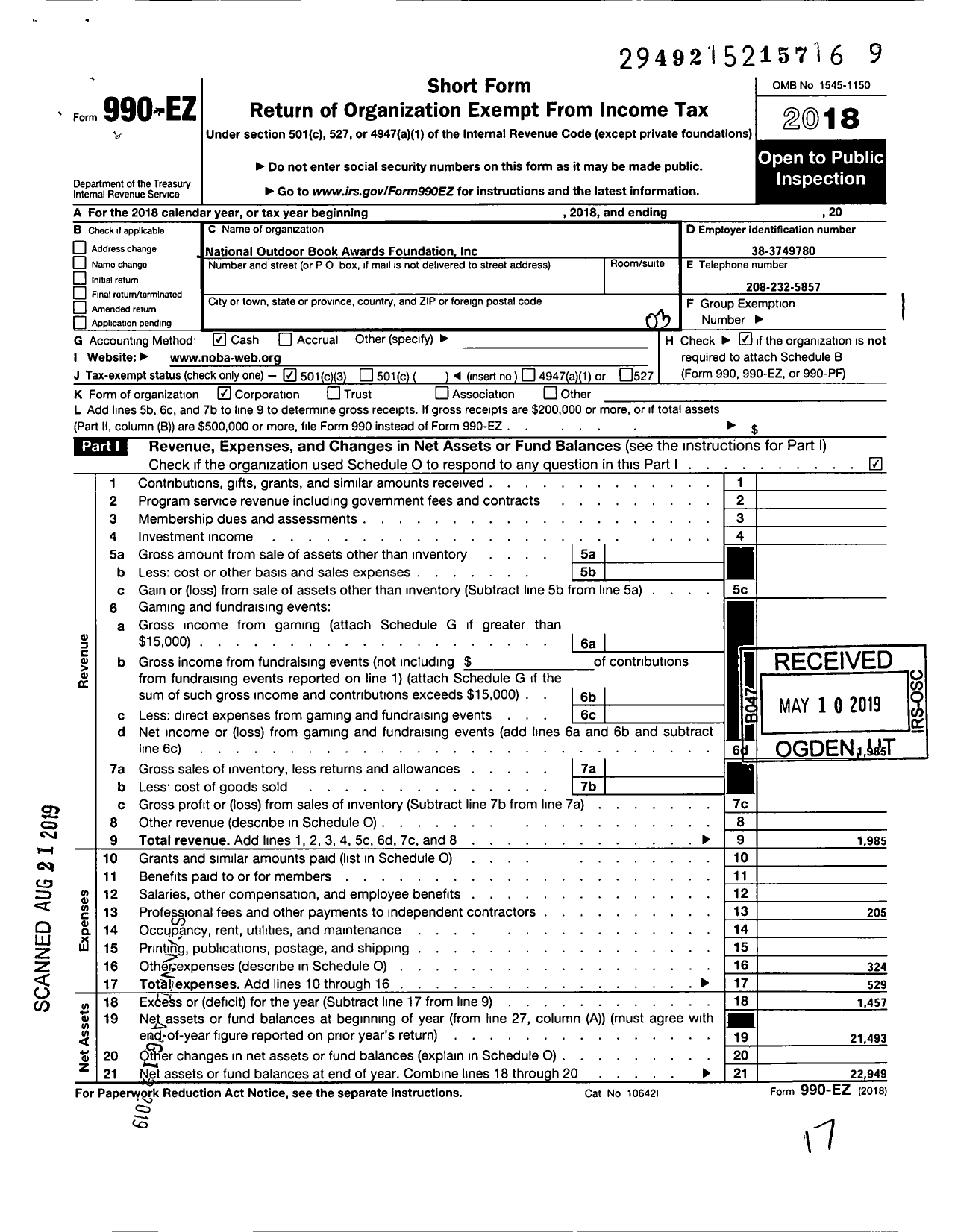 Image of first page of 2018 Form 990EZ for National Outdoor Book Awards Foundation