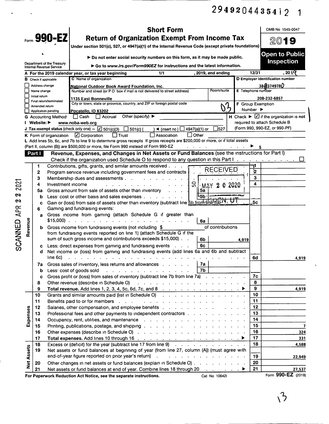 Image of first page of 2019 Form 990EZ for National Outdoor Book Awards Foundation