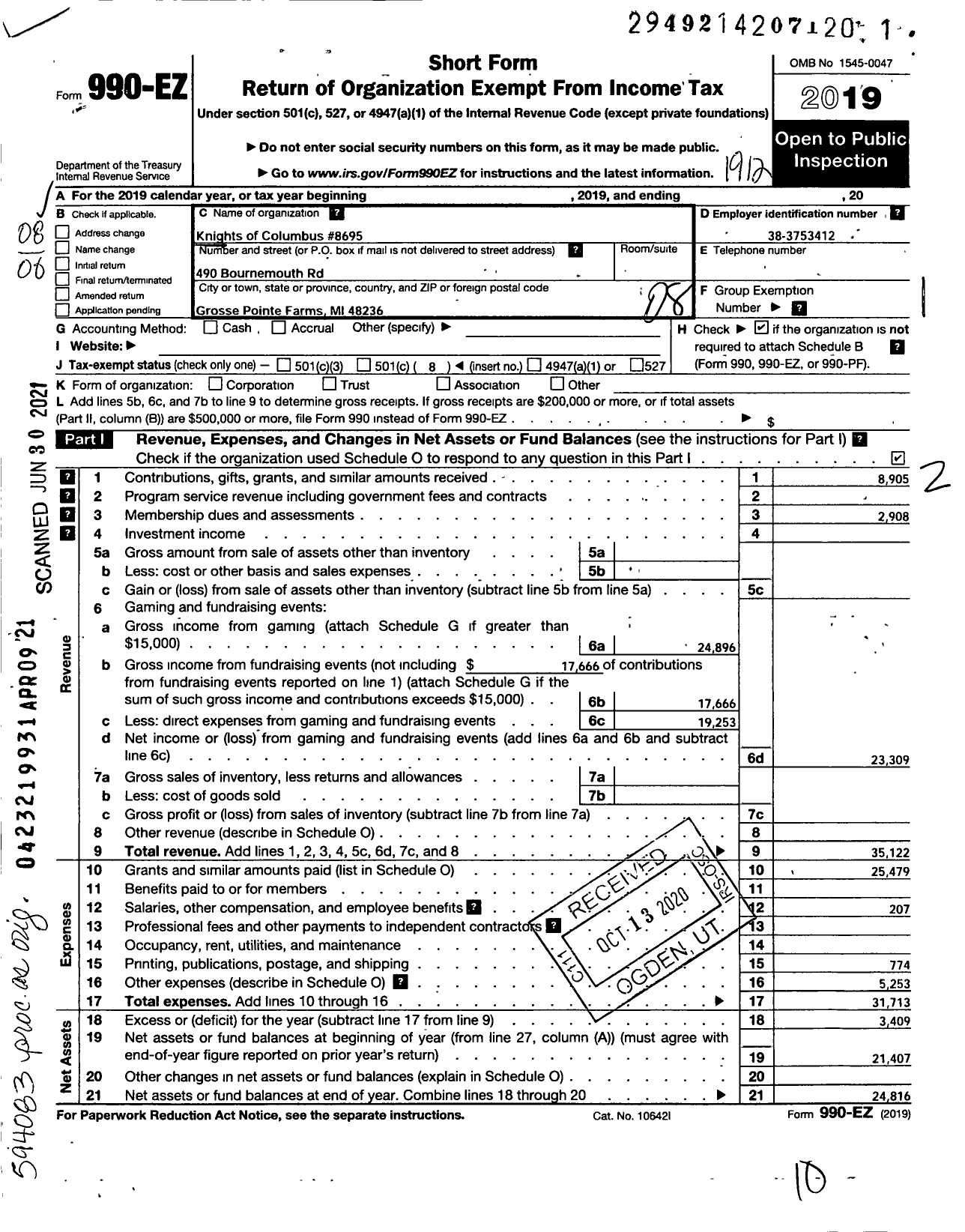 Image of first page of 2019 Form 990EO for Knights of Columbus - 8695 St Joan Or Arc