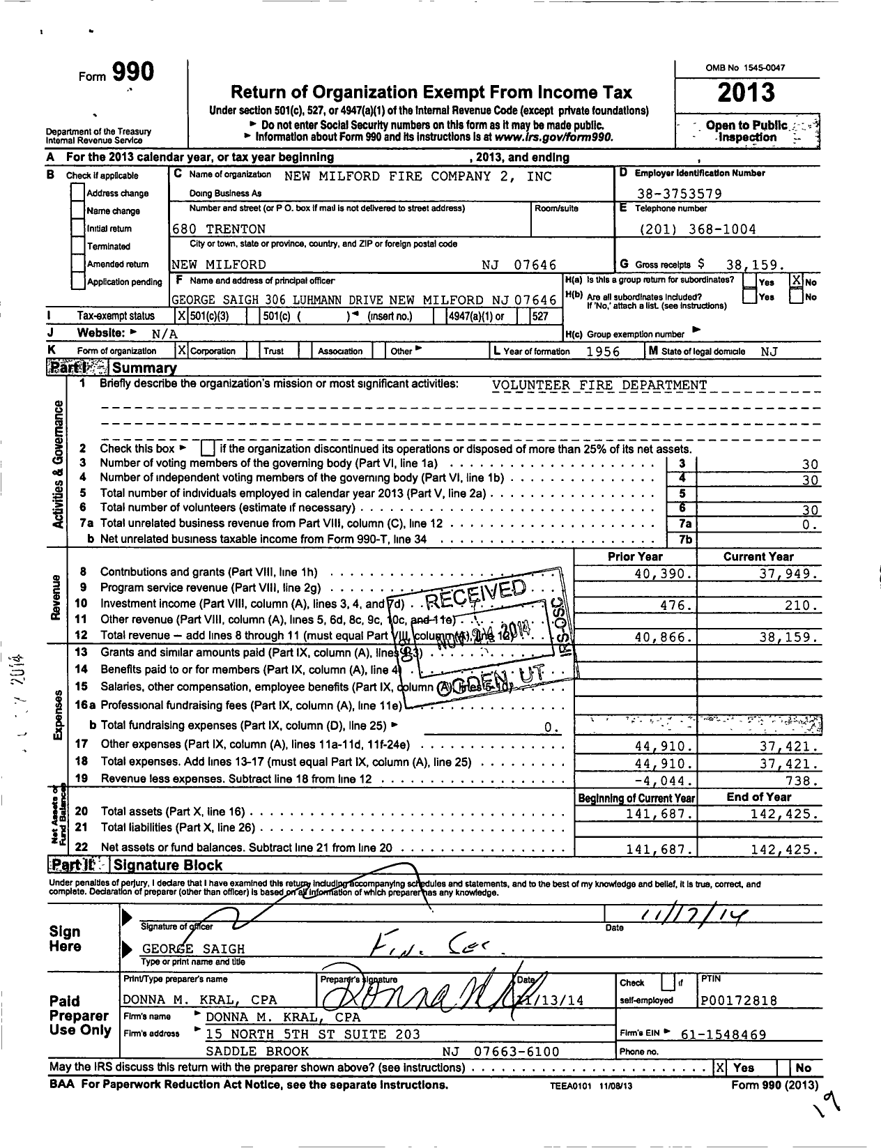 Image of first page of 2013 Form 990 for New Milford Fire Company 2