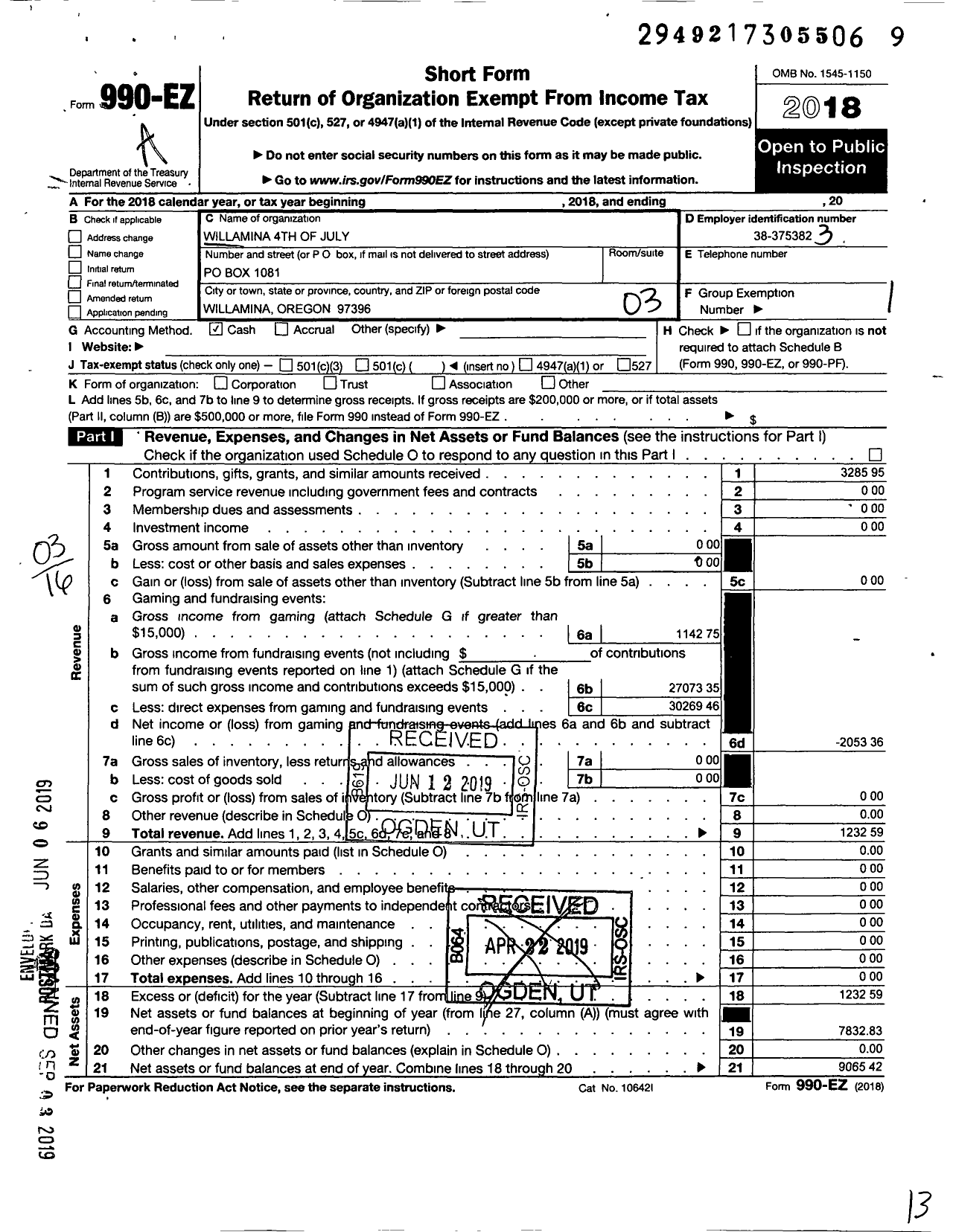 Image of first page of 2018 Form 990EZ for Willamina 4th of July