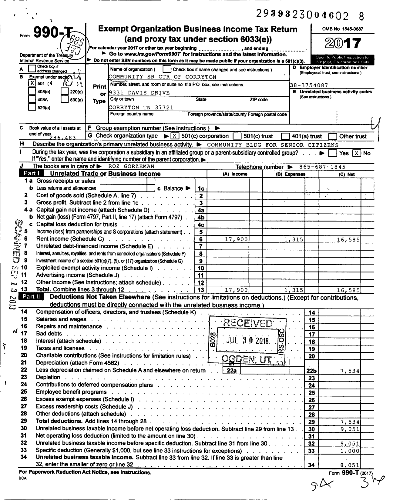 Image of first page of 2017 Form 990T for Community & Senior Center of Corryton