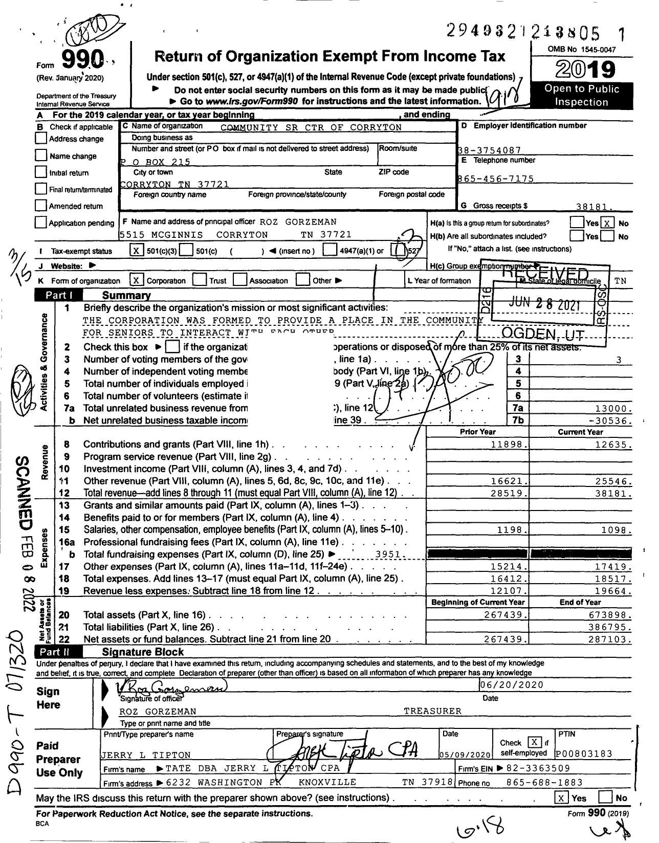 Image of first page of 2019 Form 990 for Community & Senior Center of Corryton
