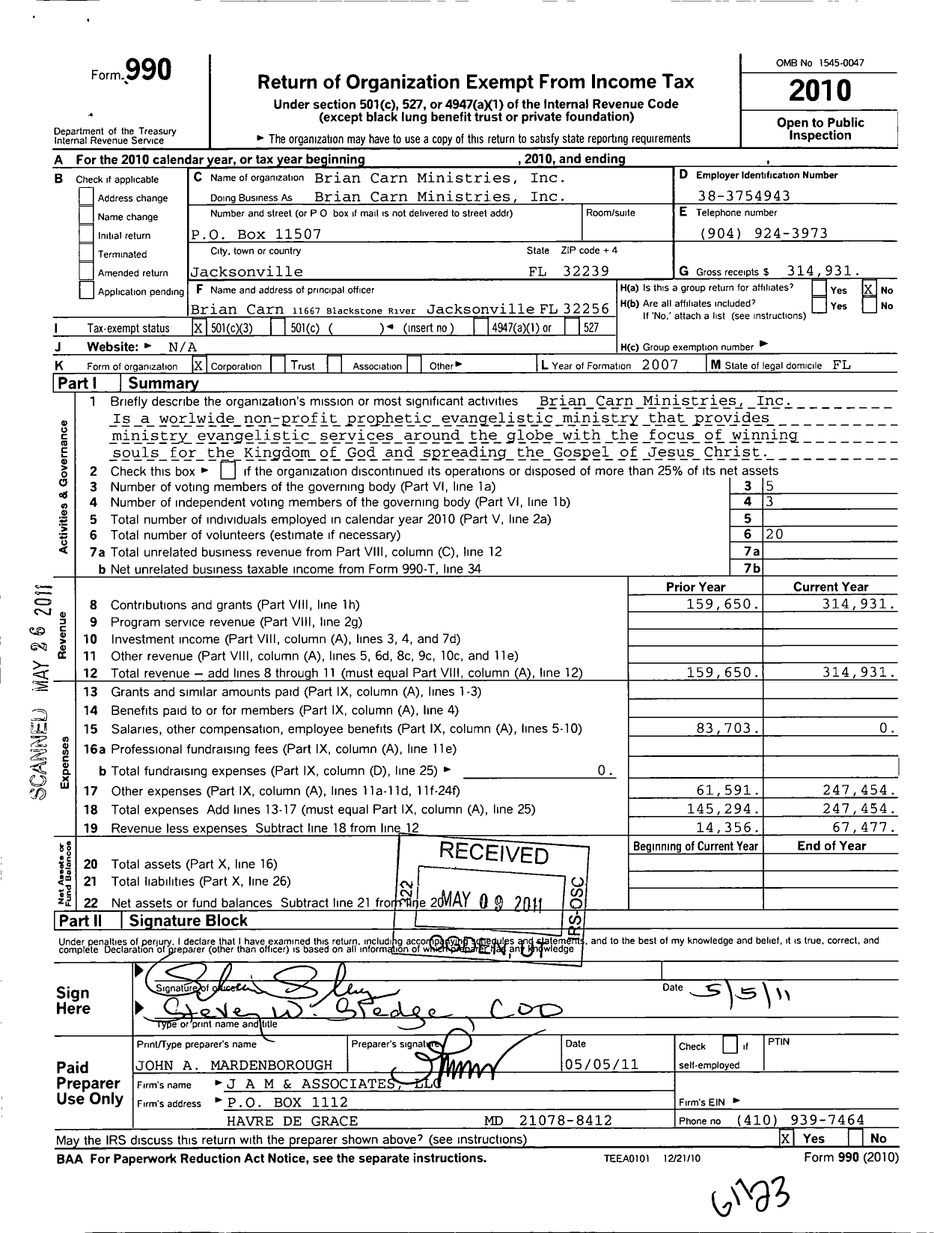 Image of first page of 2010 Form 990 for Brian Carn Ministries