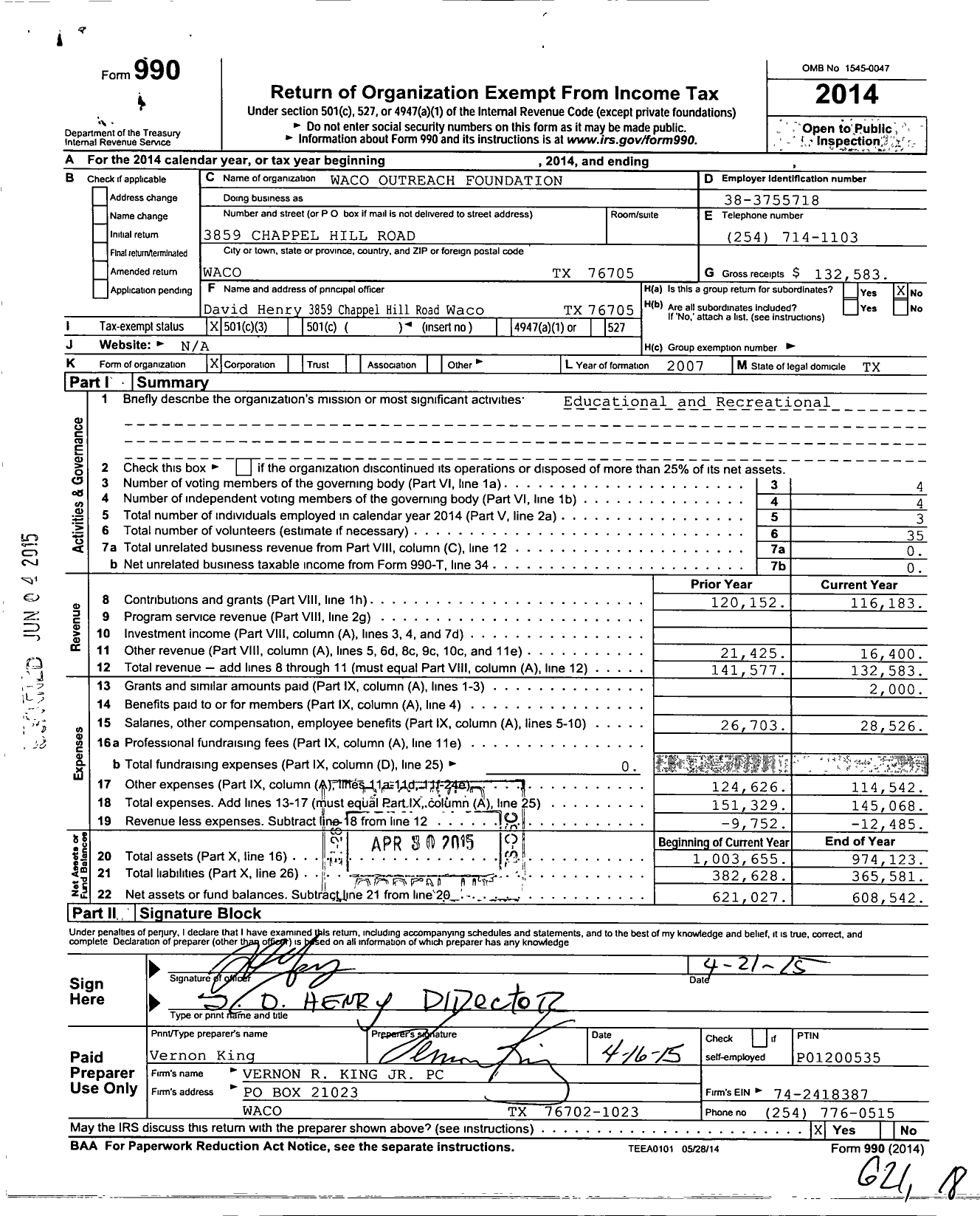 Image of first page of 2014 Form 990 for Waco Outreach Foundation