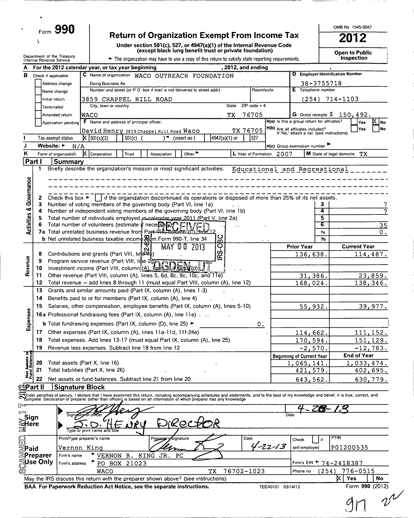 Image of first page of 2012 Form 990 for Waco Outreach Foundation