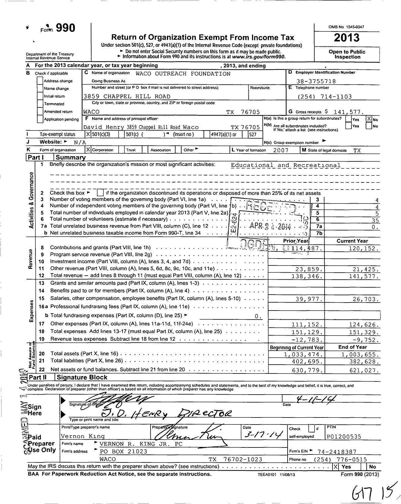 Image of first page of 2013 Form 990 for Waco Outreach Foundation