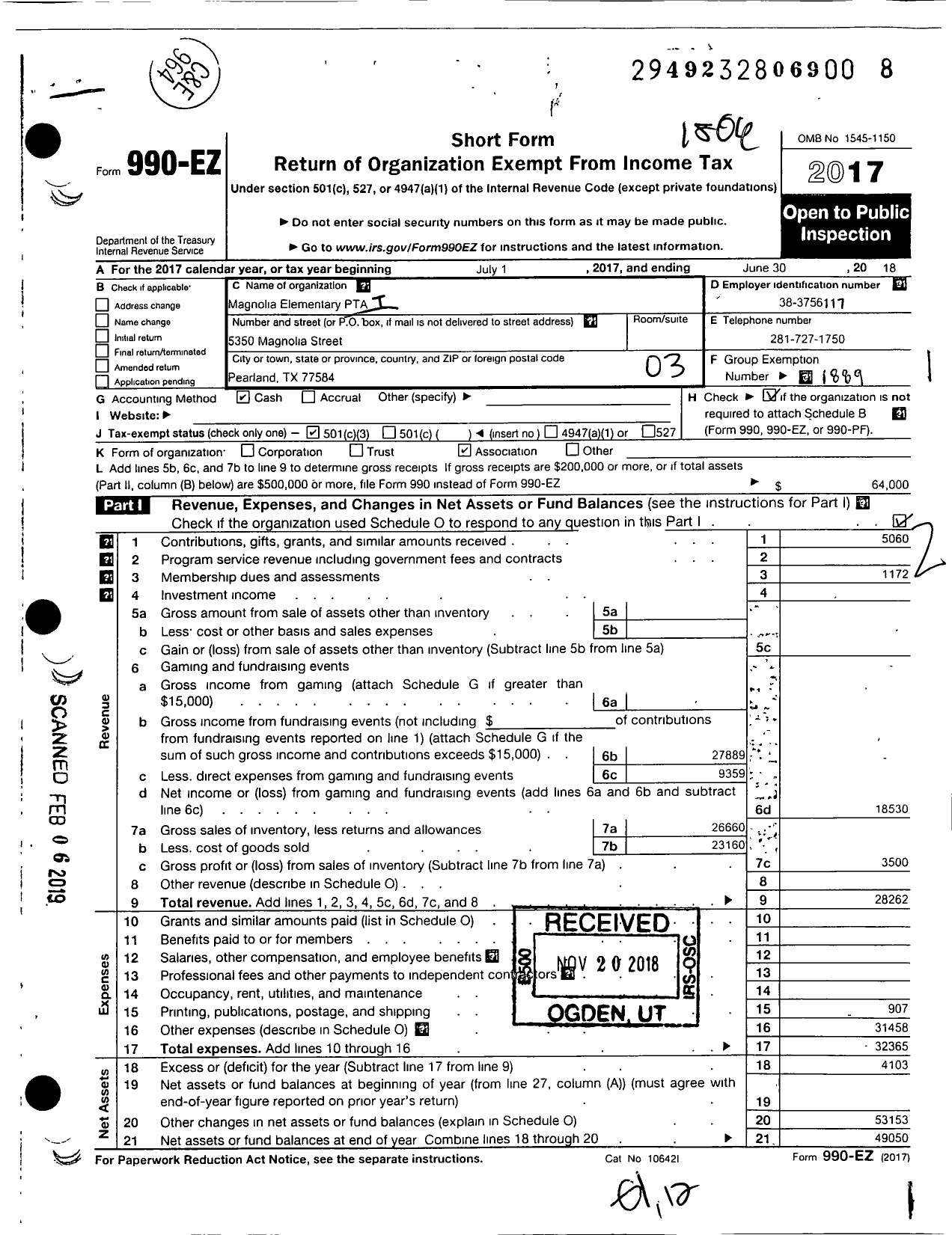 Image of first page of 2017 Form 990EZ for Texas PTA - Magnolia Elementary PTA