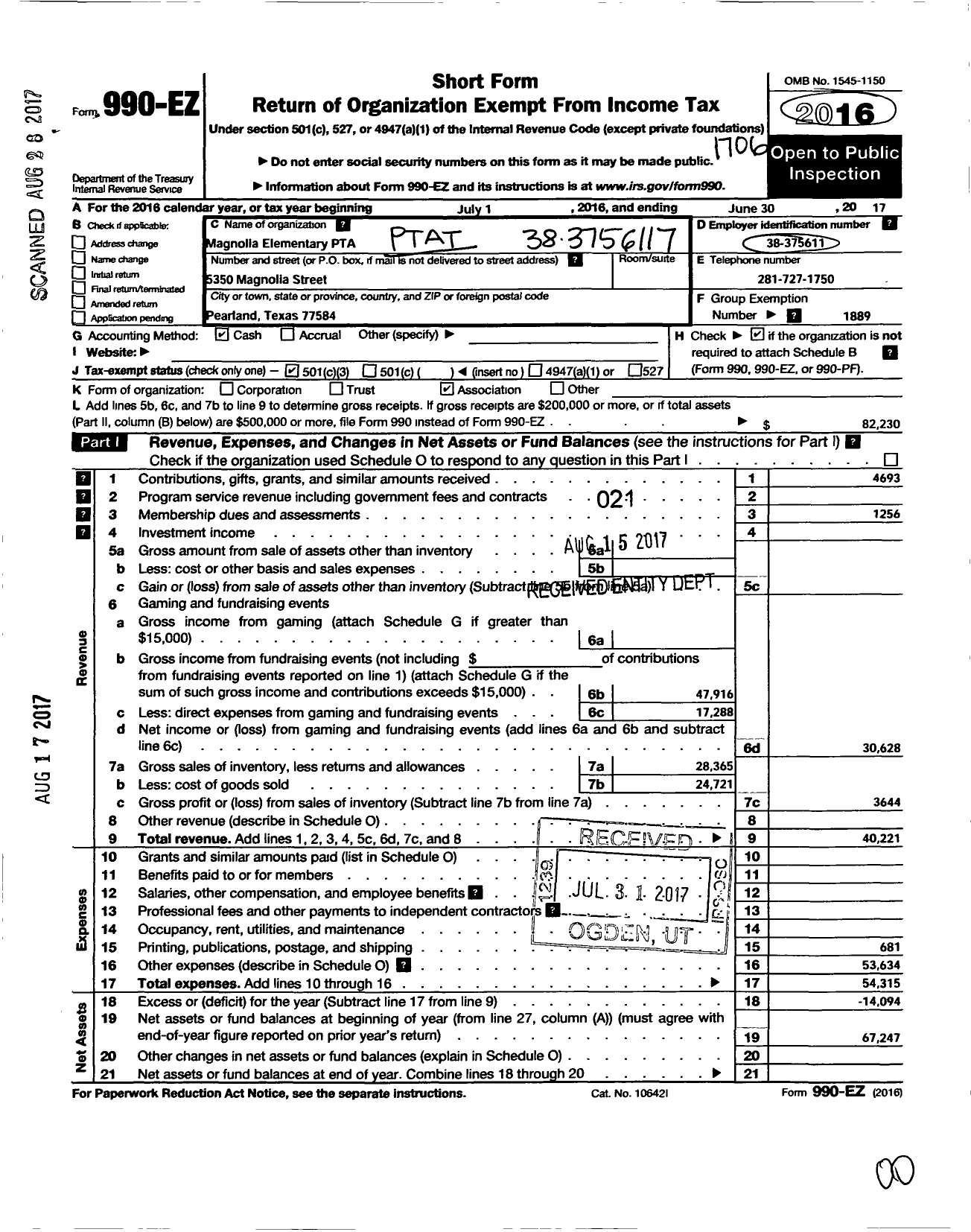 Image of first page of 2016 Form 990EZ for Texas PTA - Magnolia Elementary PTA