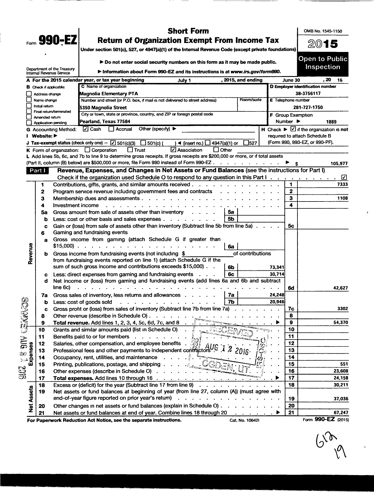 Image of first page of 2015 Form 990EZ for Texas PTA - Magnolia Elementary PTA