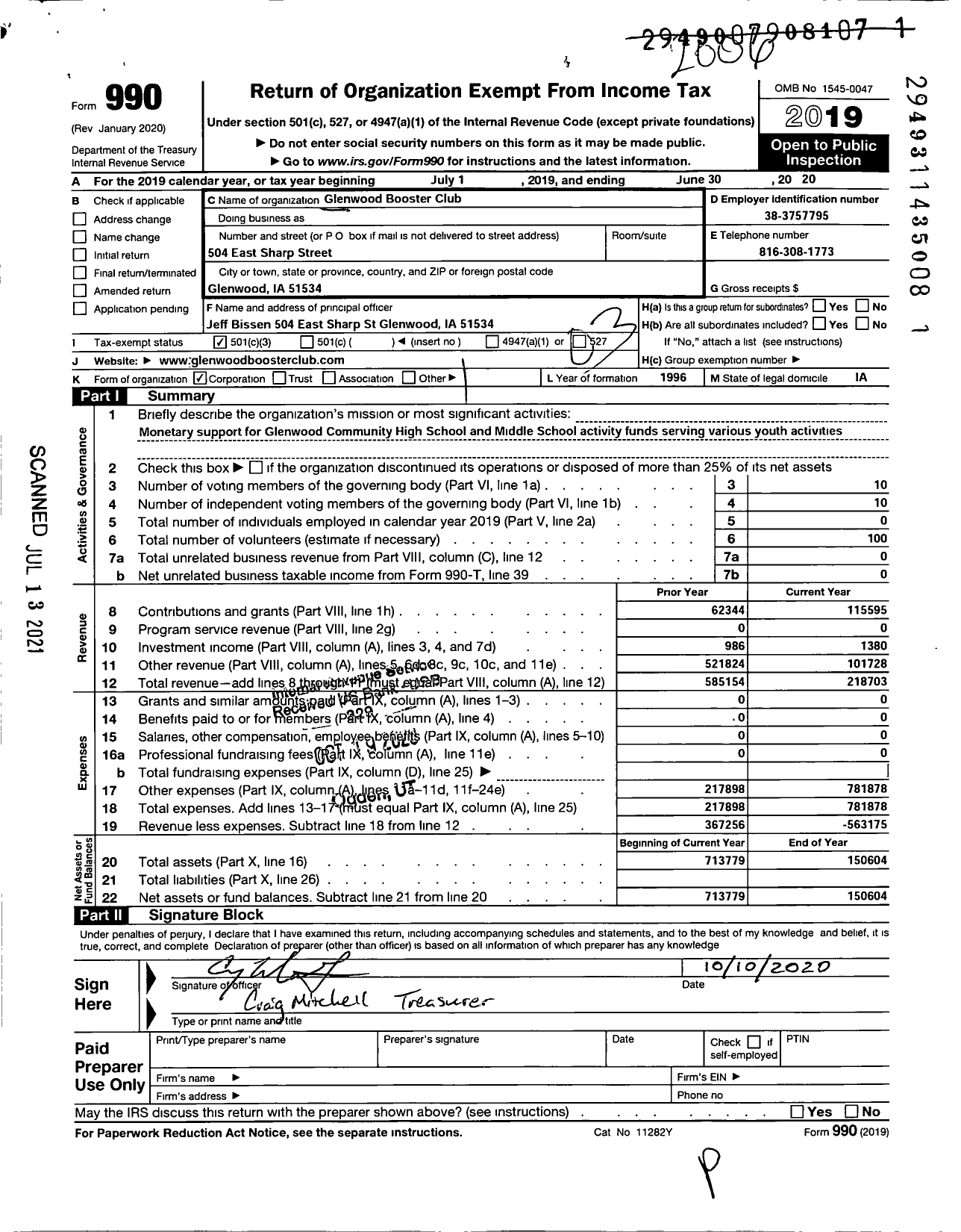 Image of first page of 2019 Form 990 for Glenwood Booster Club