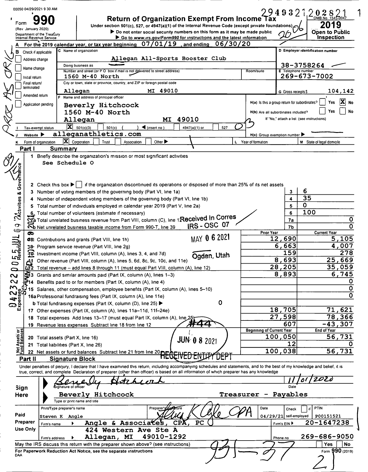 Image of first page of 2019 Form 990 for Allegan All-Sports Booster Club