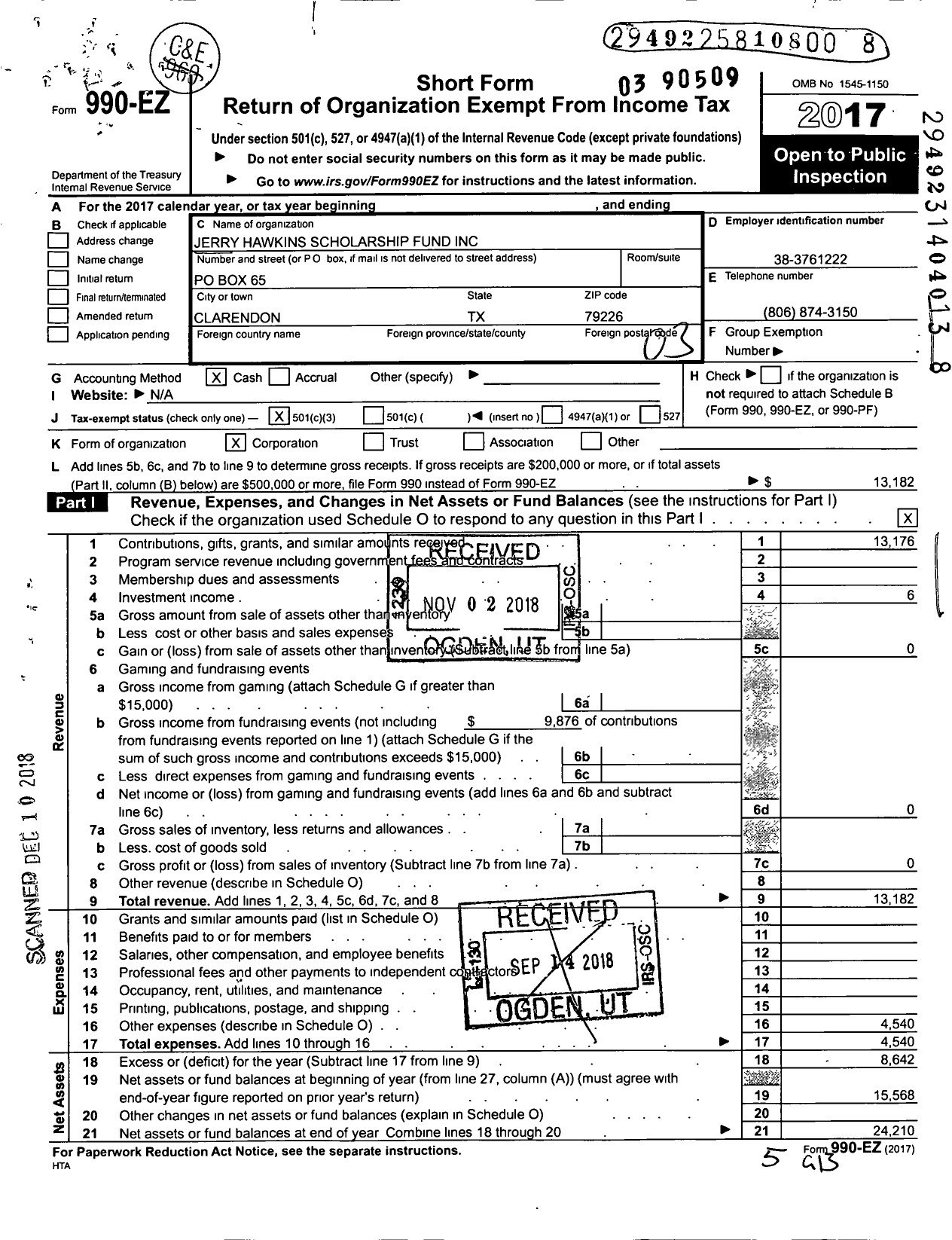 Image of first page of 2017 Form 990EZ for Jerry Hawkins Scholarship Fund